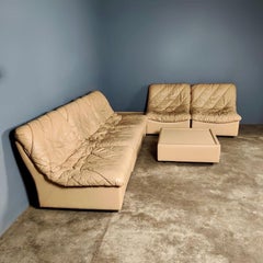 Large Cream Patterned Leather Modular Sofa Set Mid Century Vintage Retro MCM