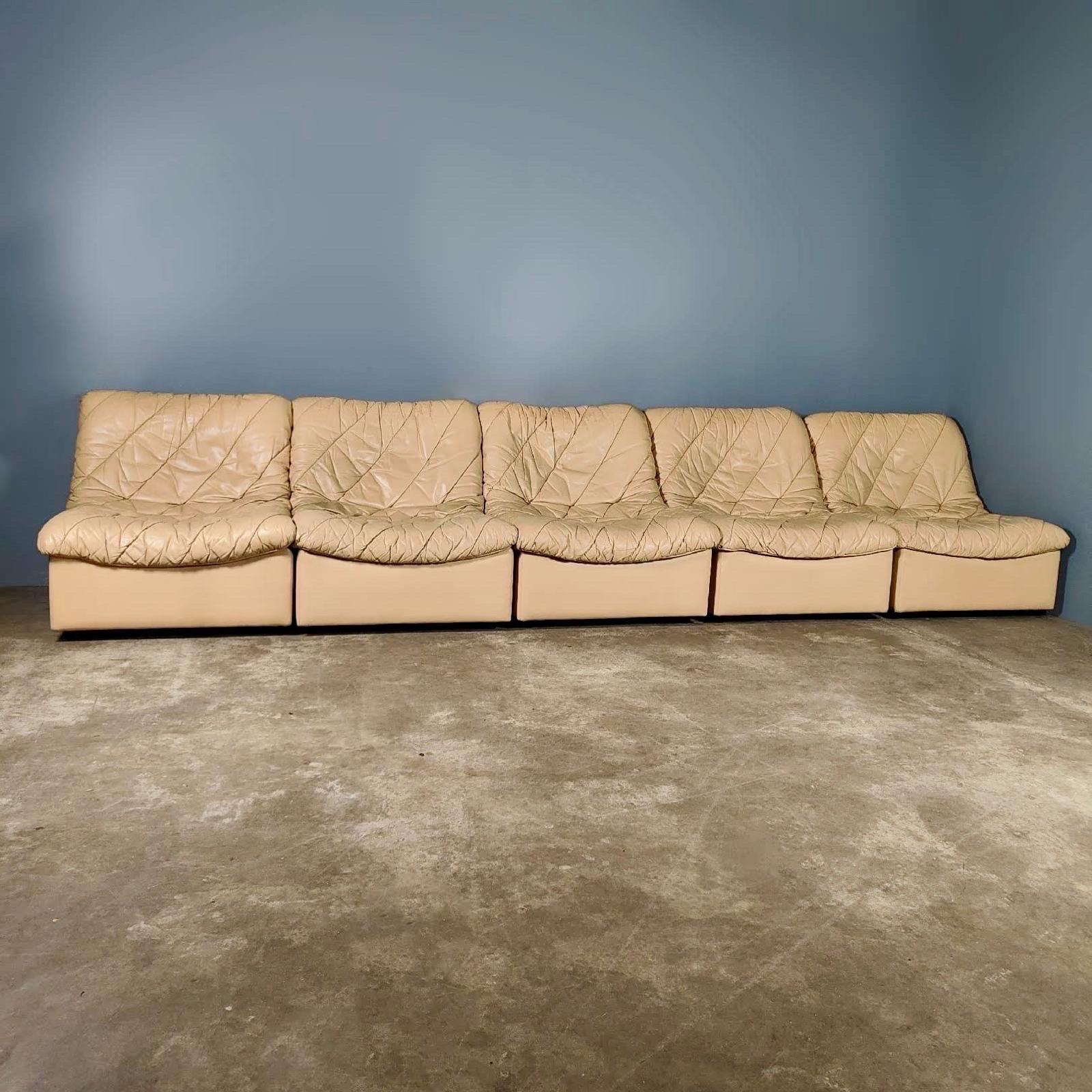 Mid-Century Modern Large Cream Patterned Leather Modular Sofa Set Mid Century Vintage Retro MCM