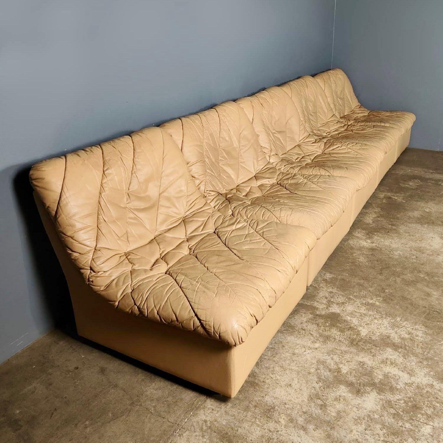 Unknown Large Cream Patterned Leather Modular Sofa Set Mid Century Vintage Retro MCM