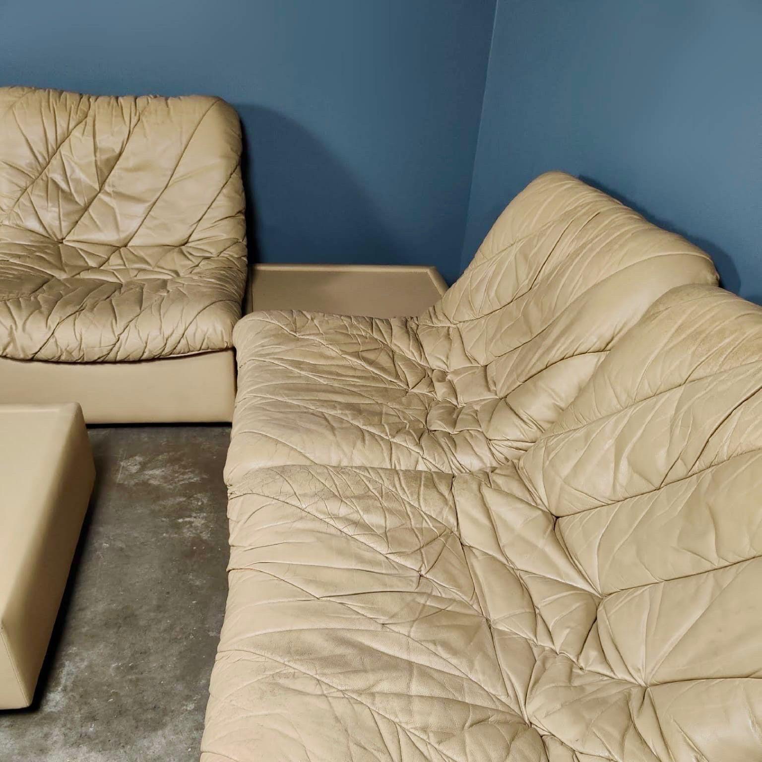 Late 20th Century Large Cream Patterned Leather Modular Sofa Set Mid Century Vintage Retro MCM