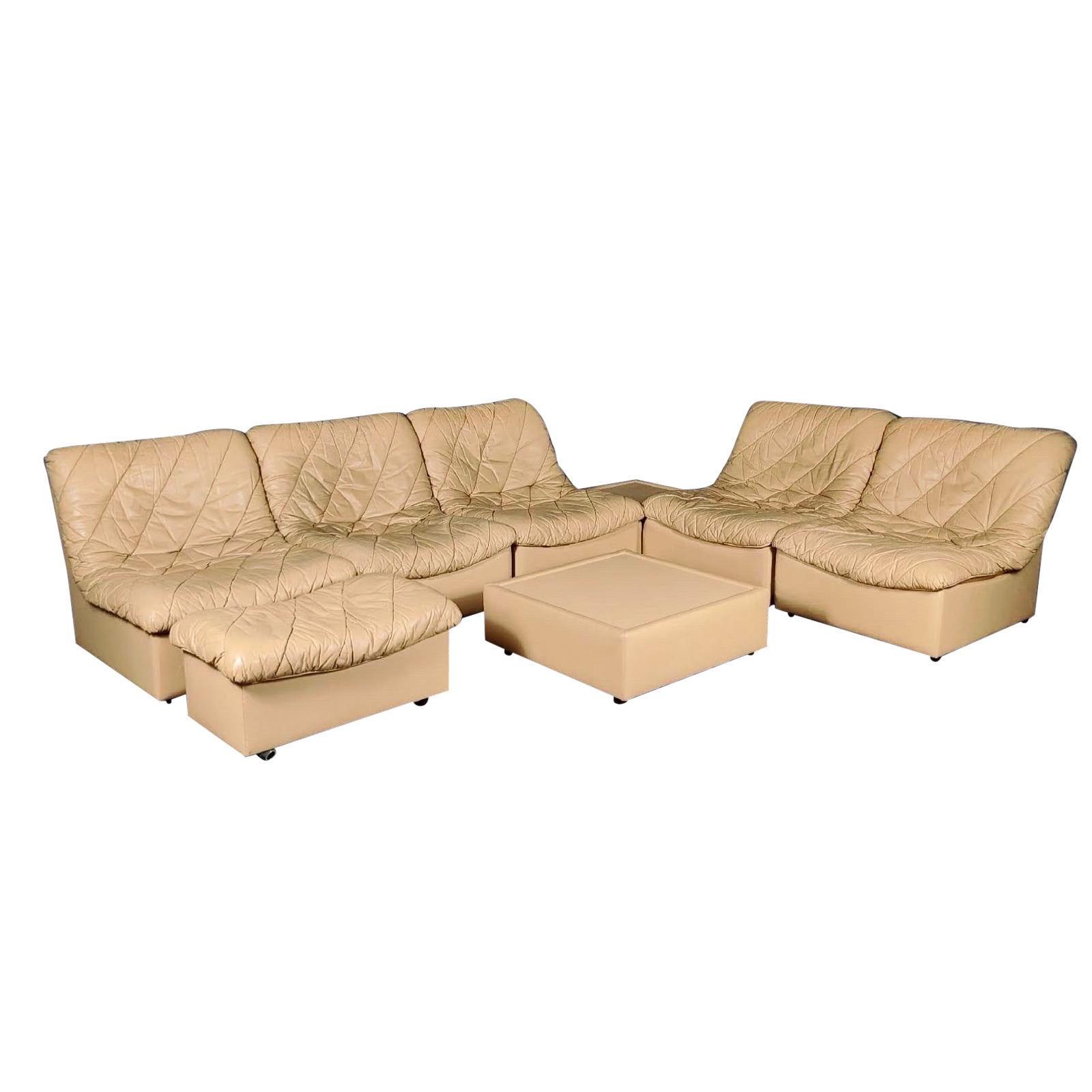 Large Cream Patterned Leather Modular Sofa Set Mid Century Vintage Retro MCM