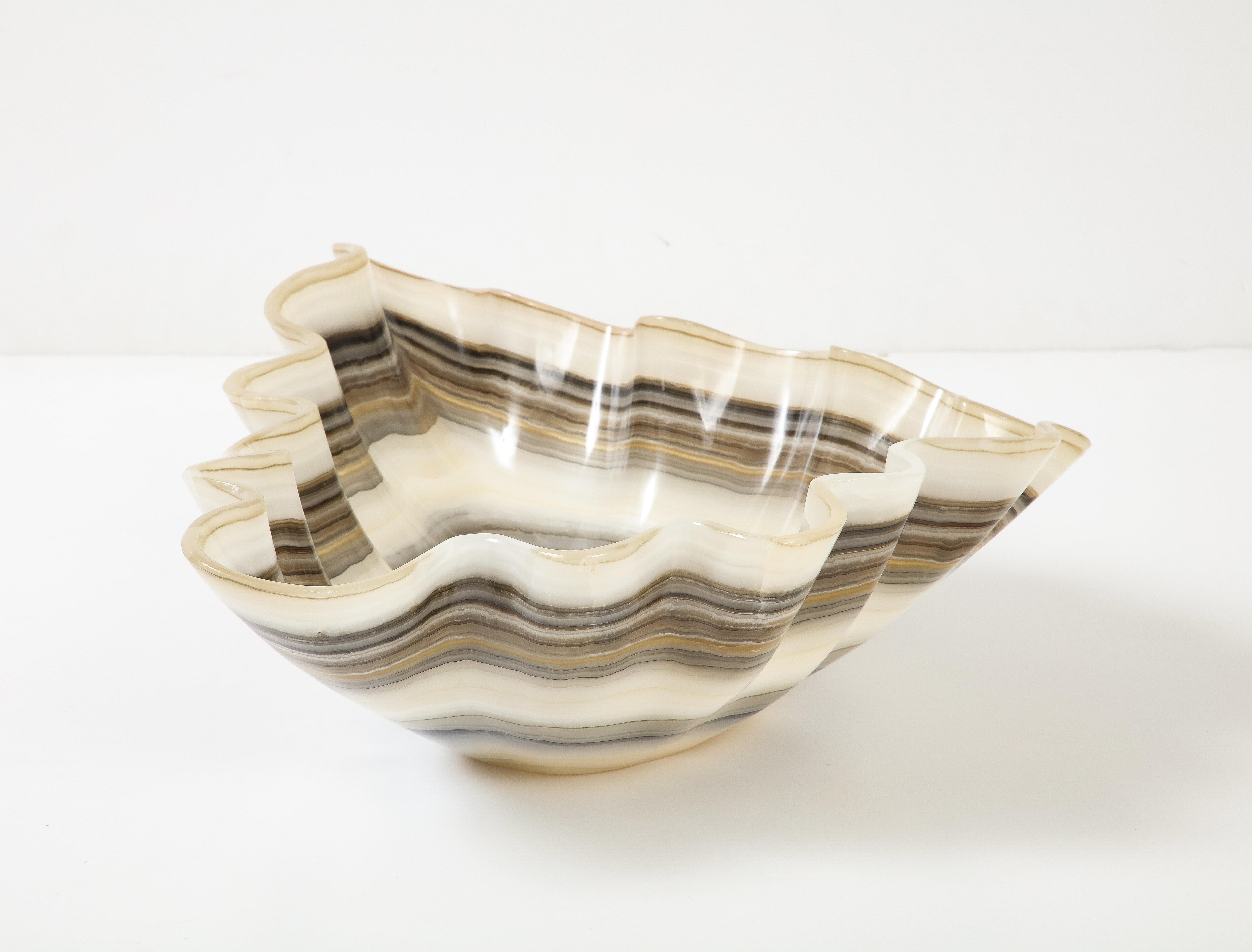 Post-Modern Large Cream, Taupe and Gray Hand Carved Polished Onyx Bowl or Centerpiece