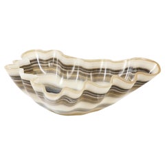 Large Cream, Taupe and Gray Hand Carved Polished Onyx Bowl or Centerpiece