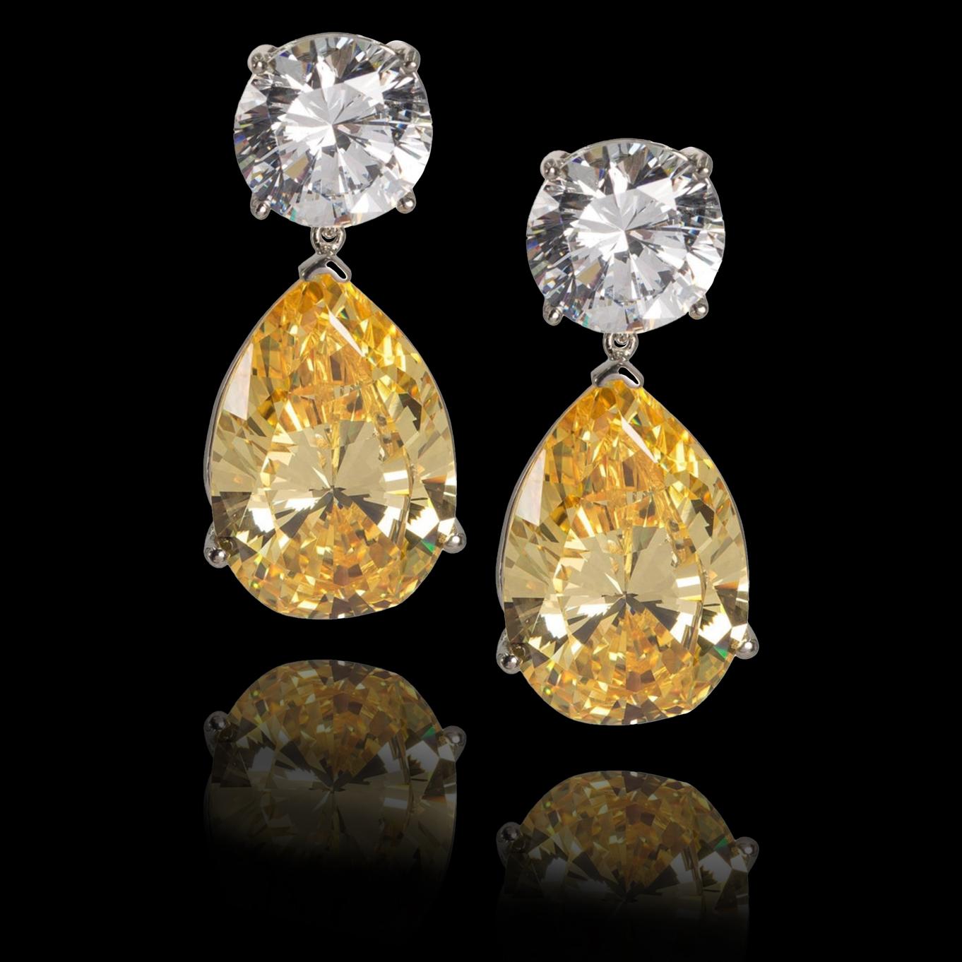 Created Diamond Look Large  White and Yellow Drop CZ Earrings
If you want Intense Fancy Yellow then these stunning 'diamond' earrings will astonish and impress.
Each round CZ has the equivalent look of a full brilliant cut 10-carat white diamond,