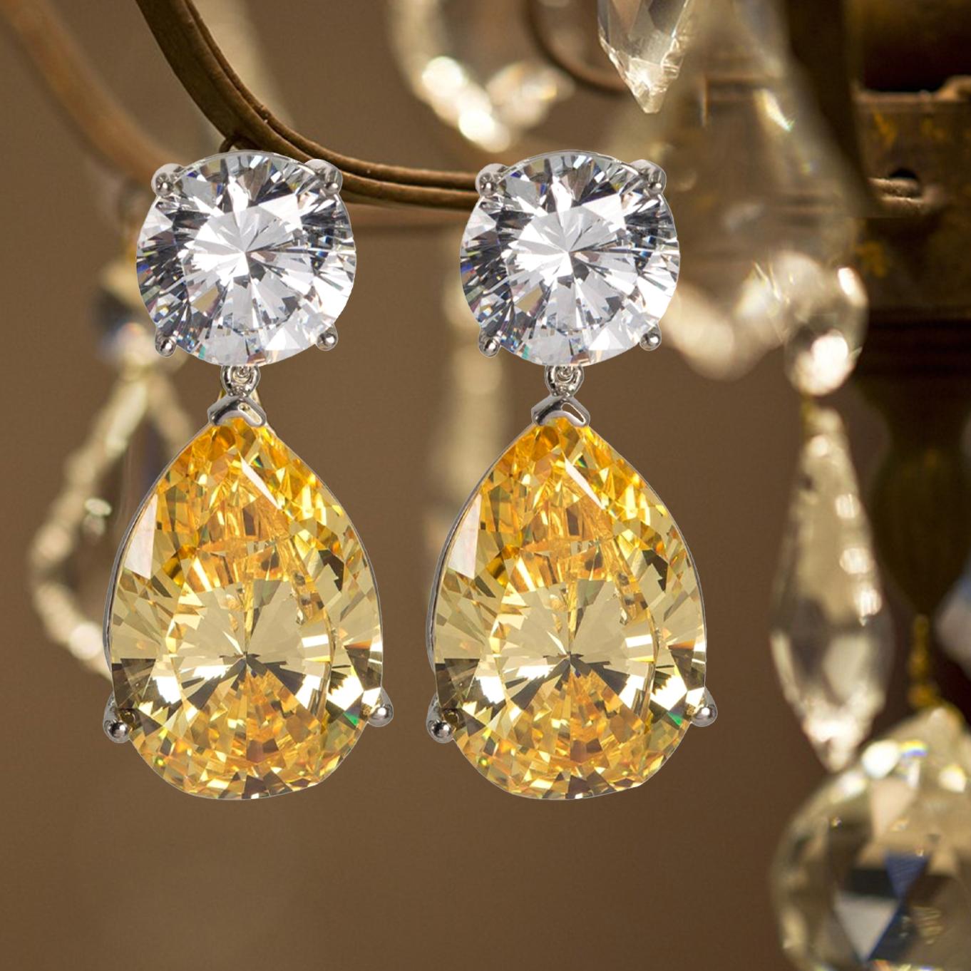 Modern  Large  Created Diamond Look White and Yellow Drop CZ Earrings by Clive Kandel For Sale