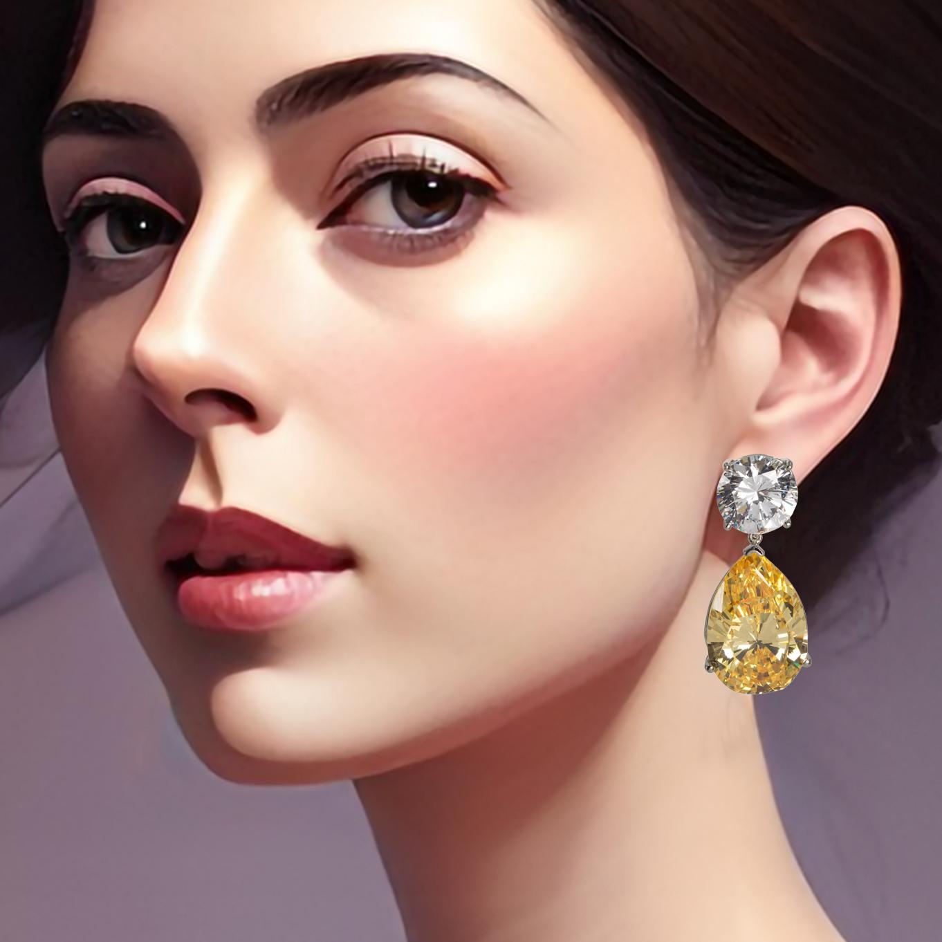 Brilliant Cut  Large  Created Diamond Look White and Yellow Drop CZ Earrings by Clive Kandel For Sale