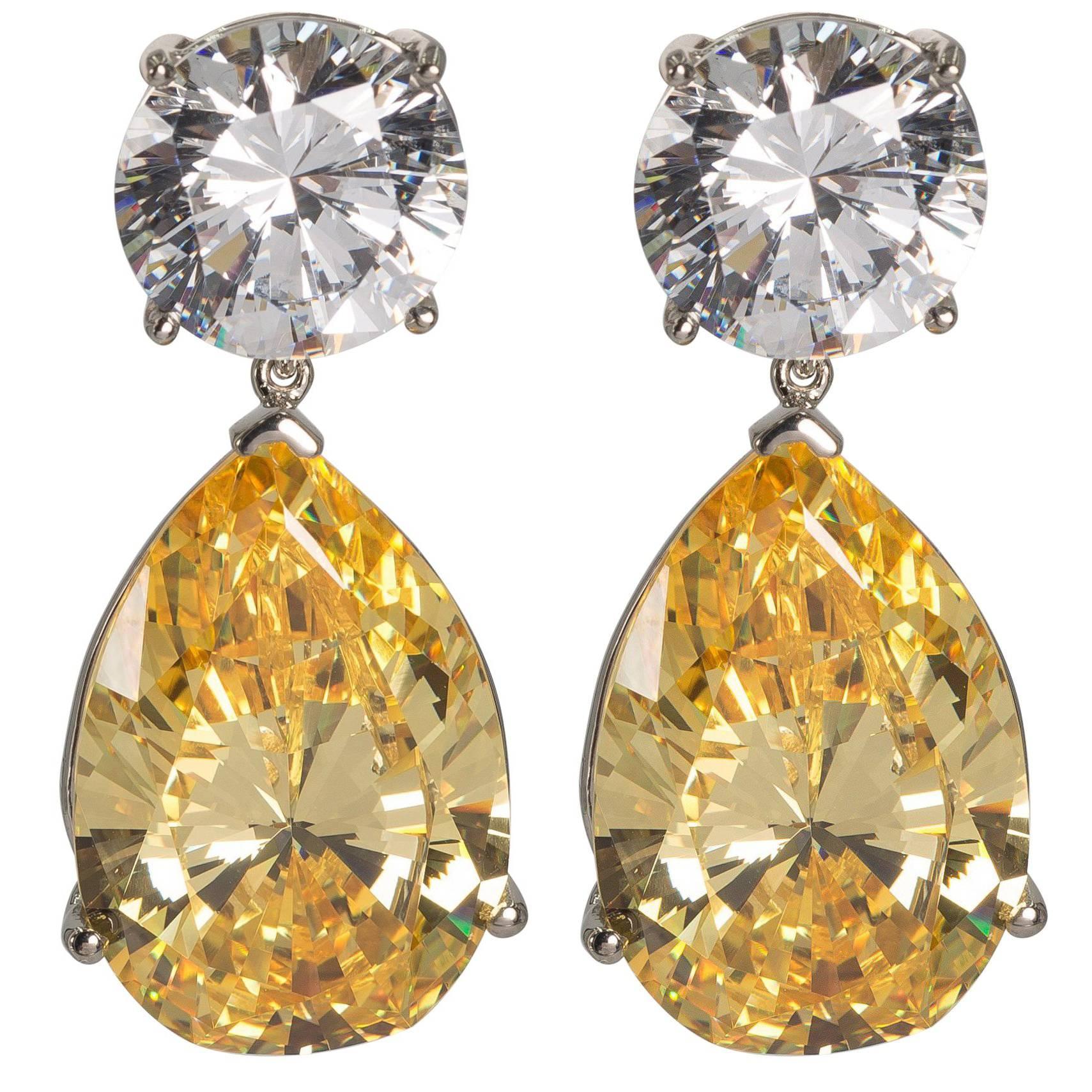  Large  Created Diamond Look White and Yellow Drop CZ Earrings by Clive Kandel For Sale