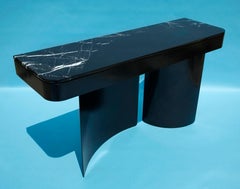 Large Crescent Console in Contemporary Blackened Steel with Black Marble Top