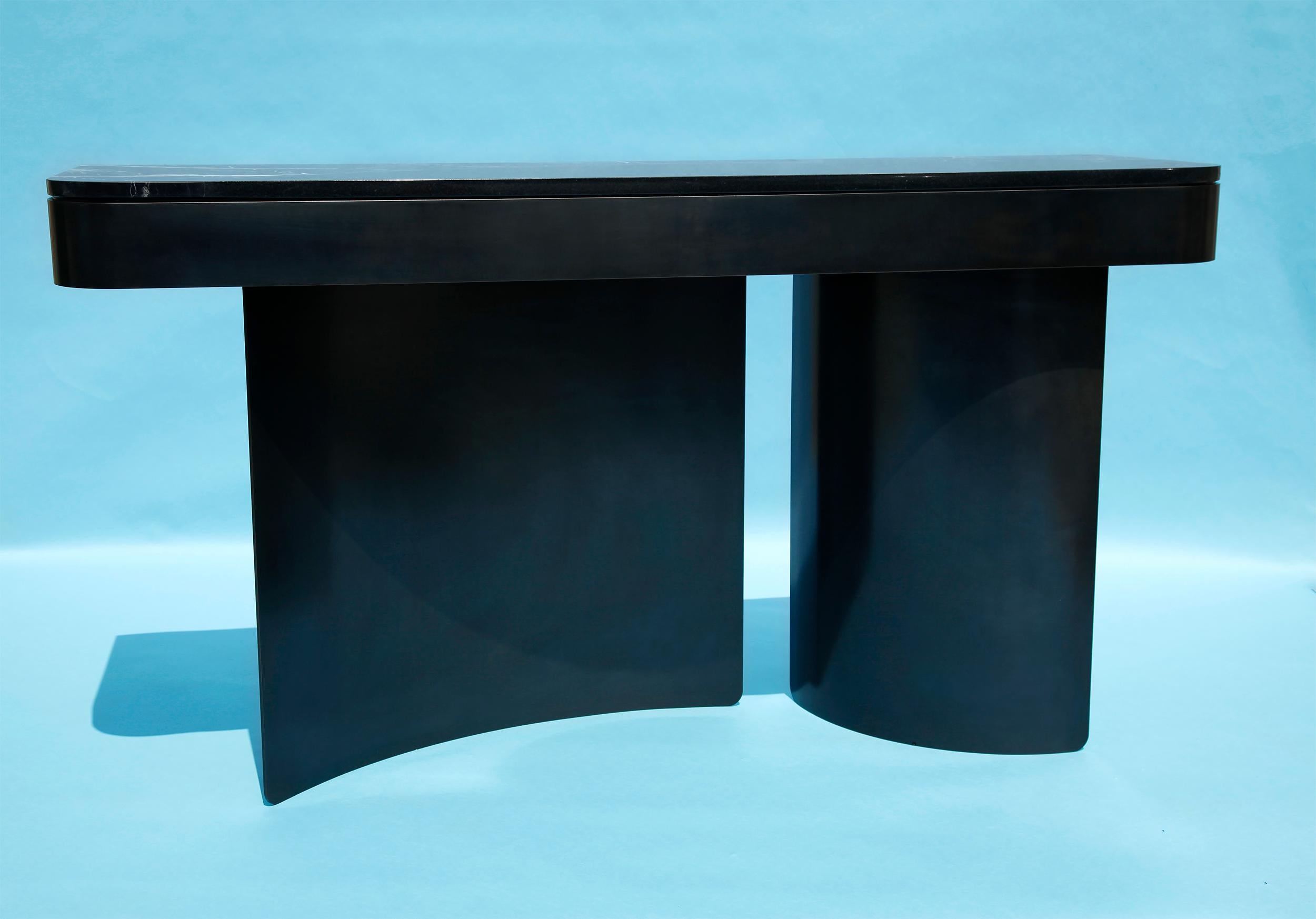 Modern Large Crescent Console in Contemporary Blackened Steel with Black Marble Top For Sale