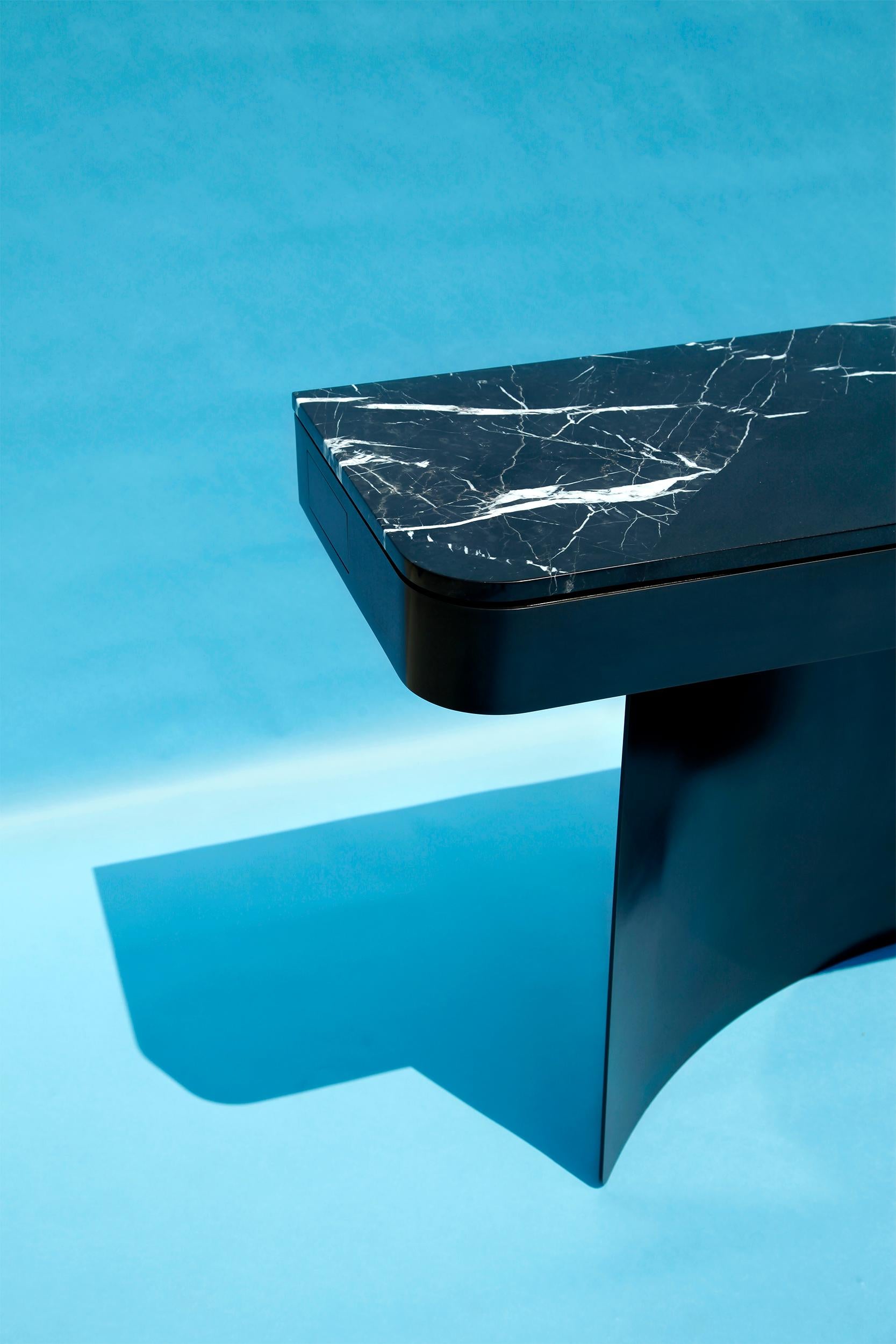 American Large Crescent Console in Contemporary Blackened Steel with Black Marble Top For Sale