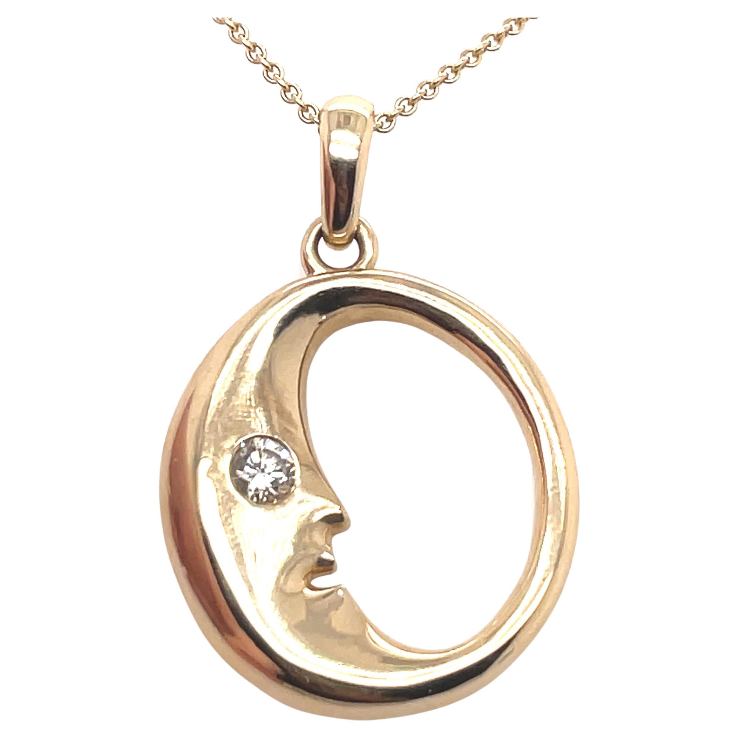 Large Crescent Diamond Moon Gold Charm Pendant For Sale
