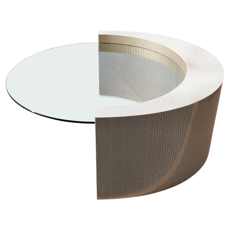 Large Crescent Moon Shaped Wood Lucite and Glass Coffee Table Circular