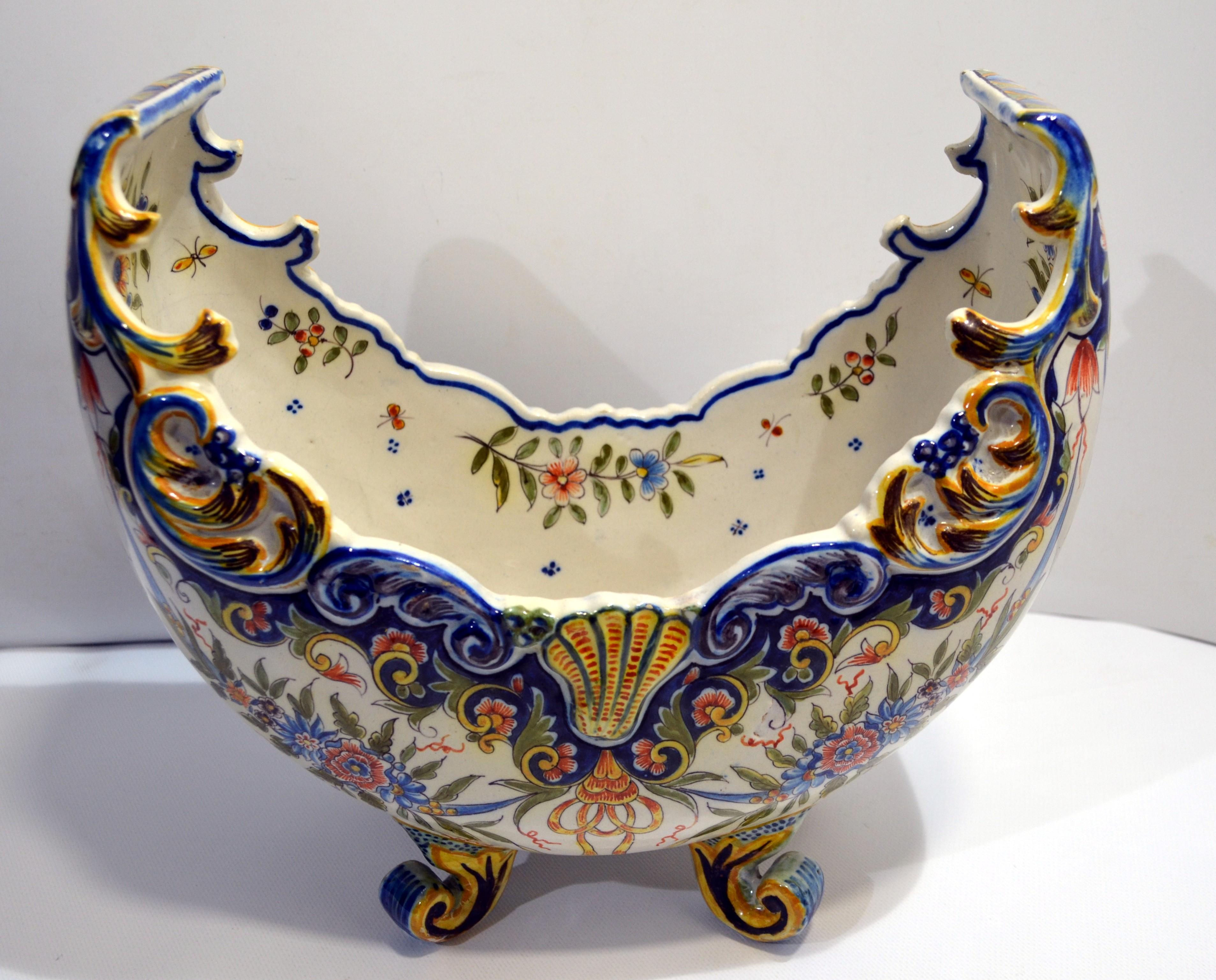Louis XV Large Crescent Planter in Desvres Earthenware Signed Geo Martel, Early 20th For Sale