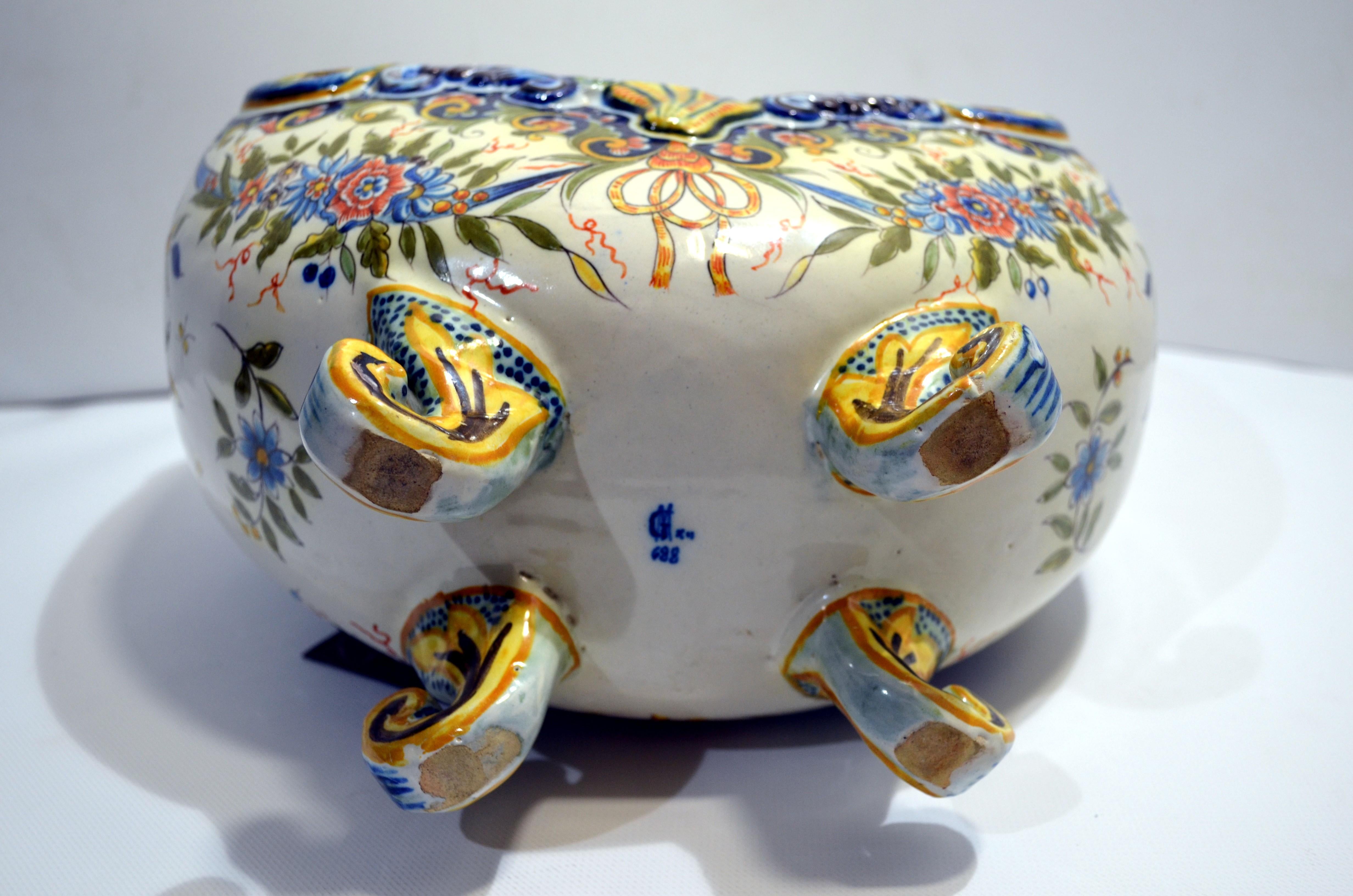 Hand-Painted Large Crescent Planter in Desvres Earthenware Signed Geo Martel, Early 20th For Sale