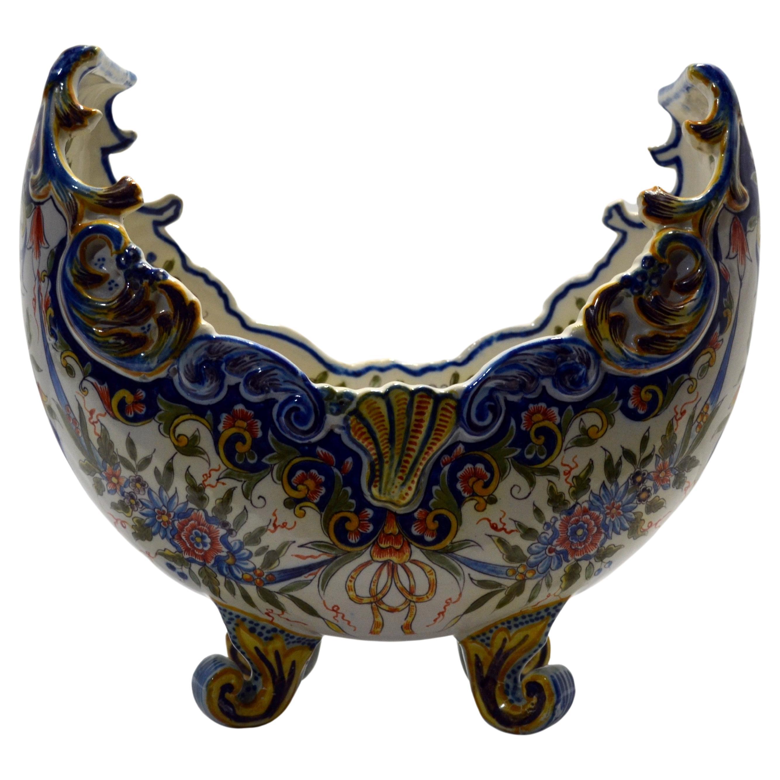 Large Crescent Planter in Desvres Earthenware Signed Geo Martel, Early 20th For Sale