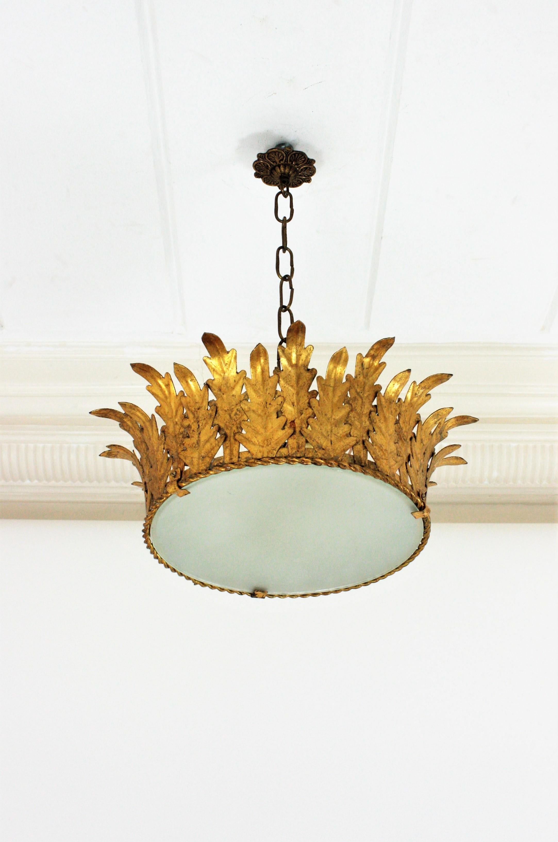Large Crown Shaped Ceiling Light Fixture or Pendant in Gilt Metal 8