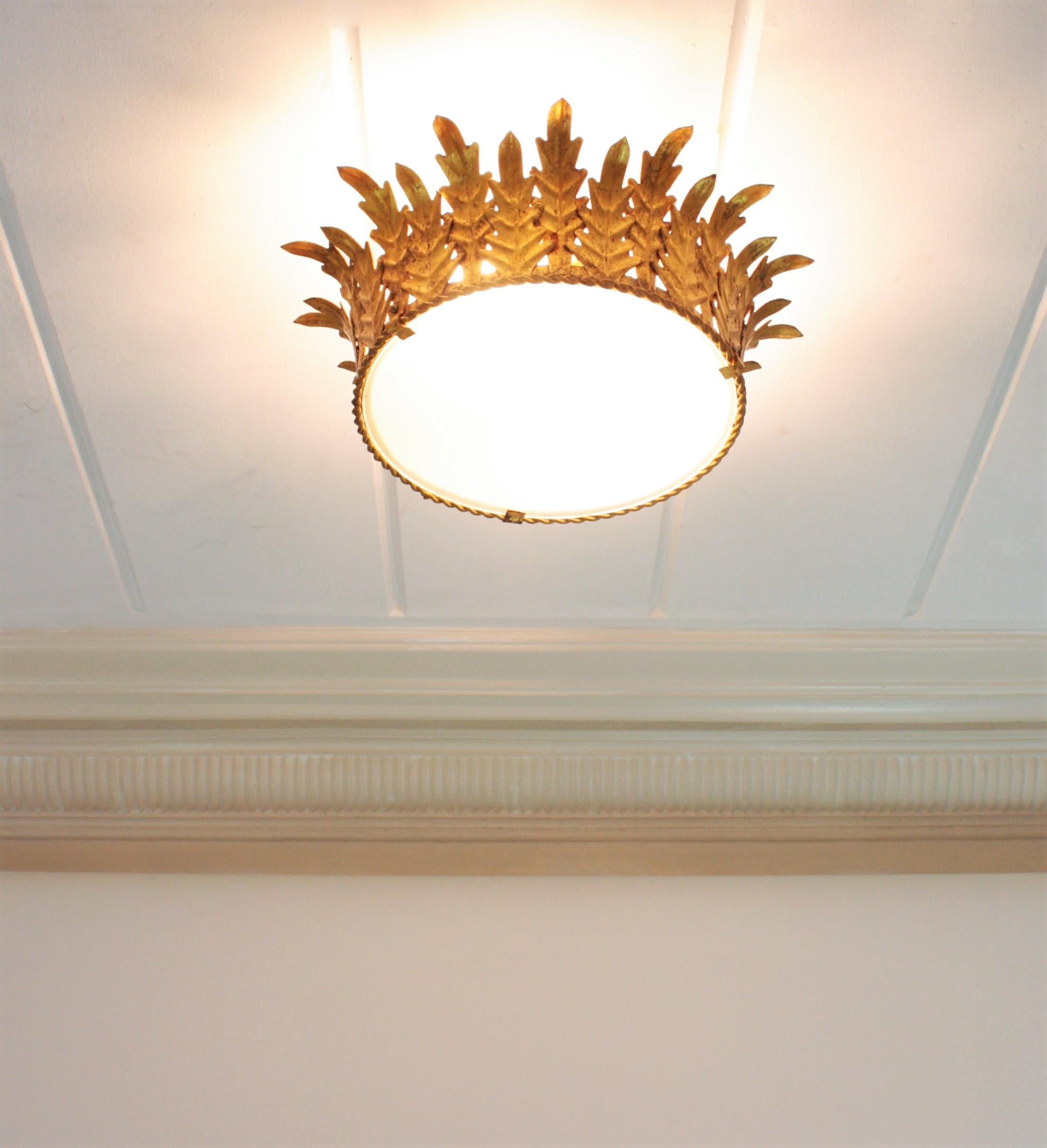 Mid-Century Modern Large Crown Shaped Ceiling Light Fixture or Pendant in Gilt Metal