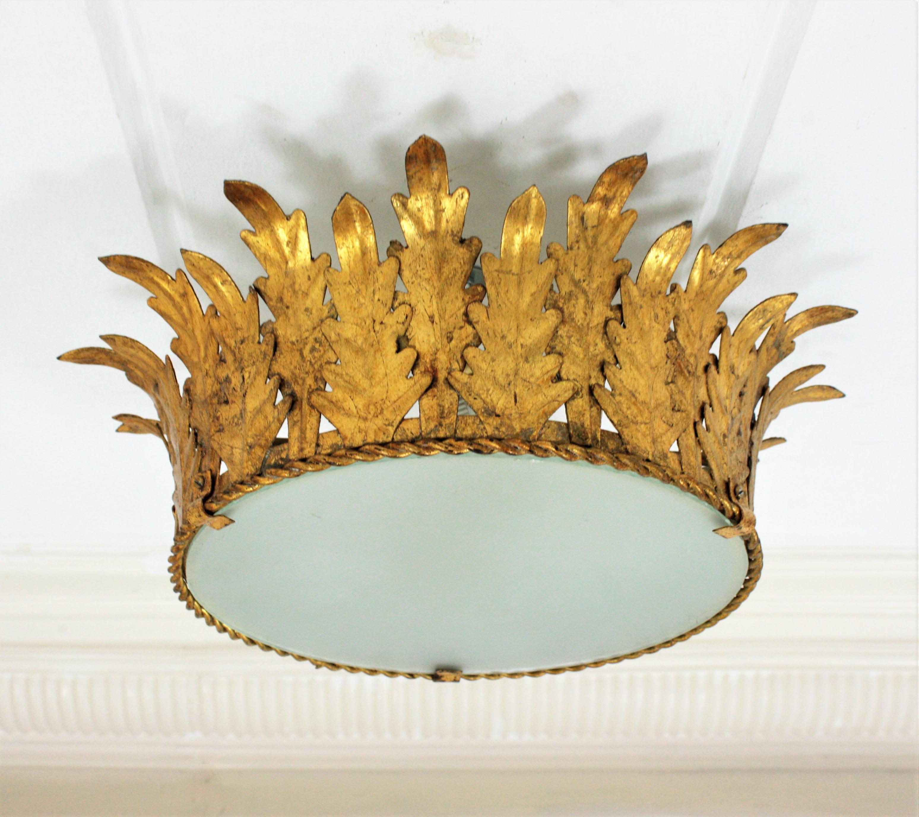 French Large Crown Shaped Ceiling Light Fixture or Pendant in Gilt Metal