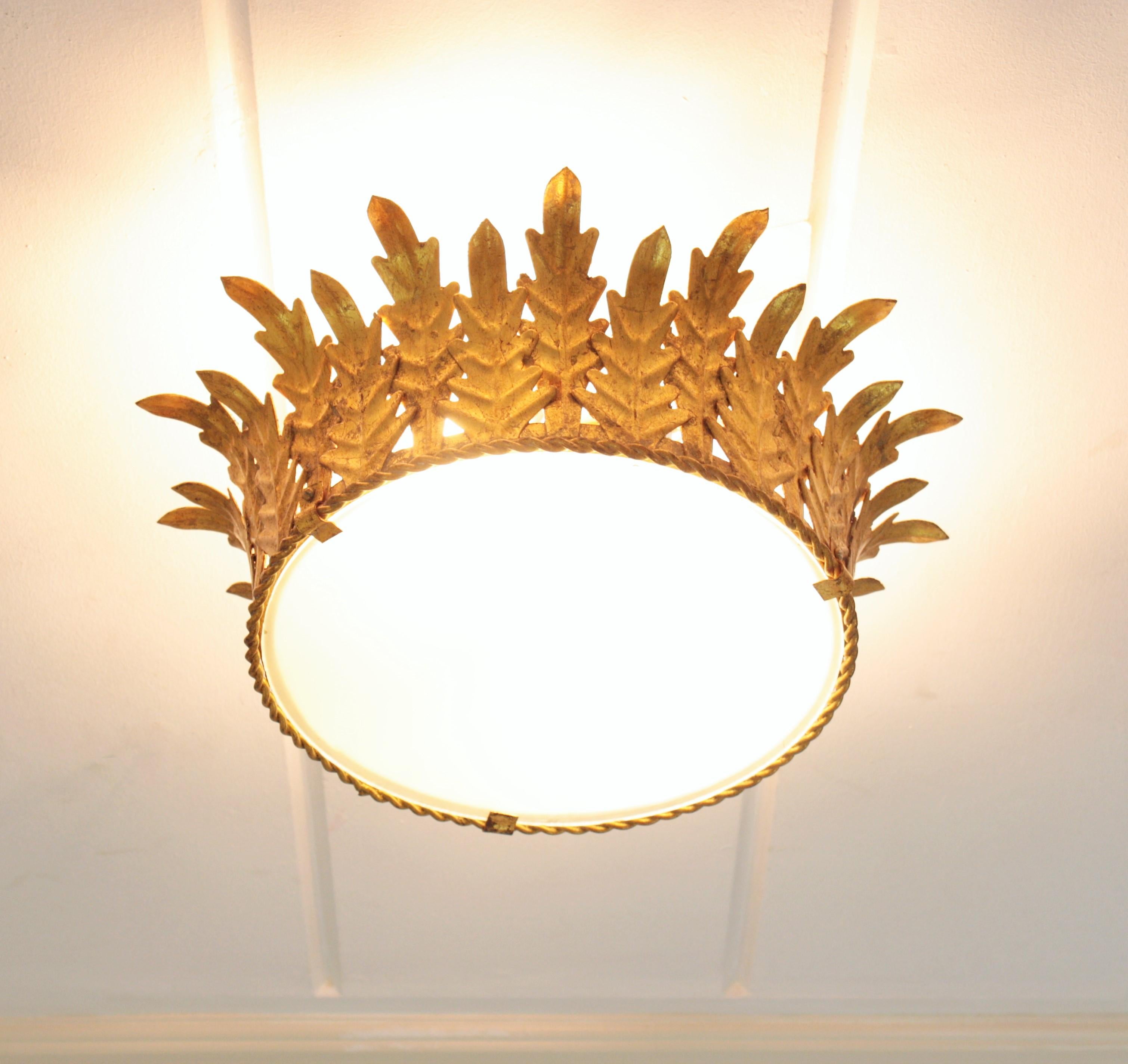 20th Century Large Crown Shaped Ceiling Light Fixture or Pendant in Gilt Metal