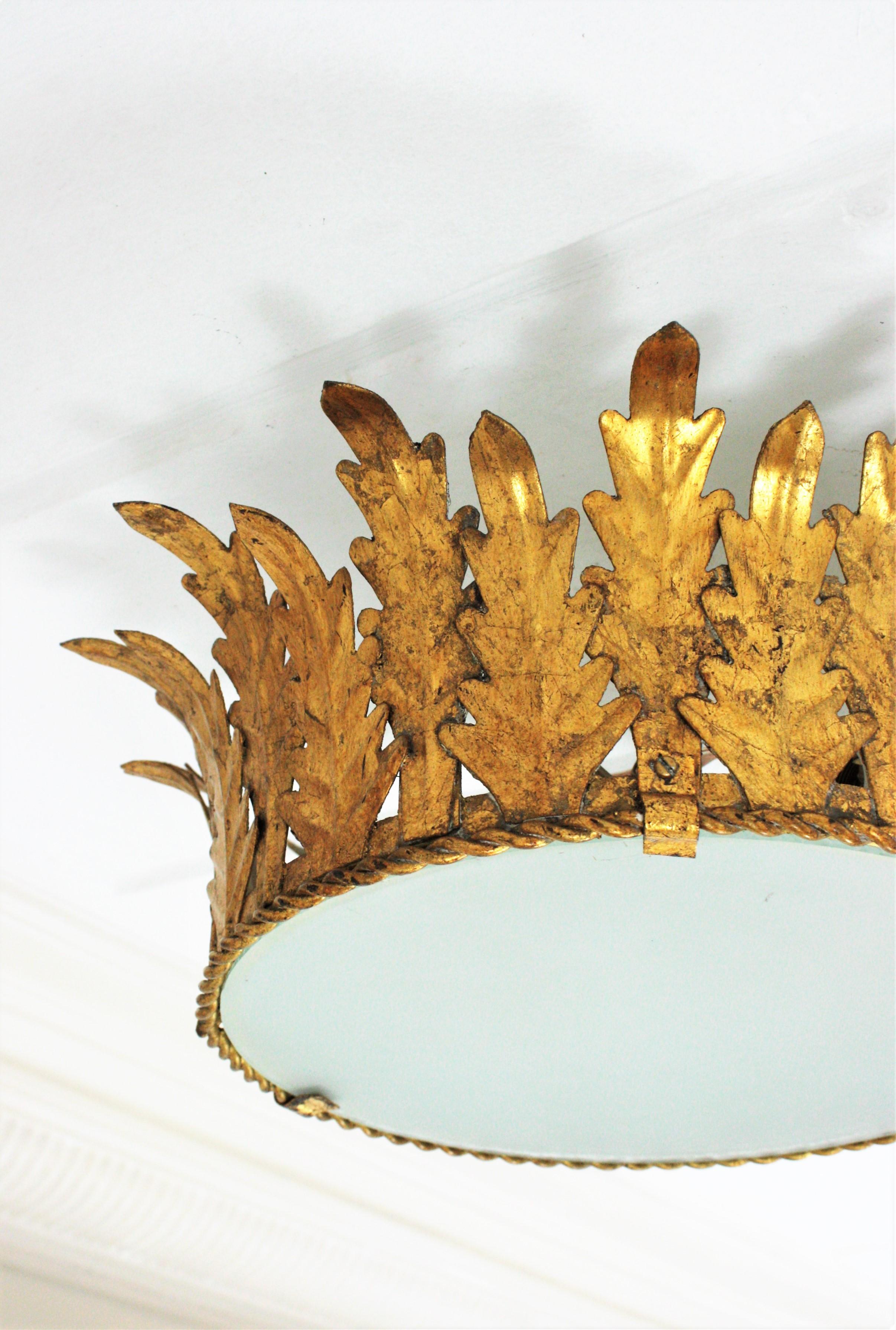 Iron Large Crown Shaped Ceiling Light Fixture or Pendant in Gilt Metal
