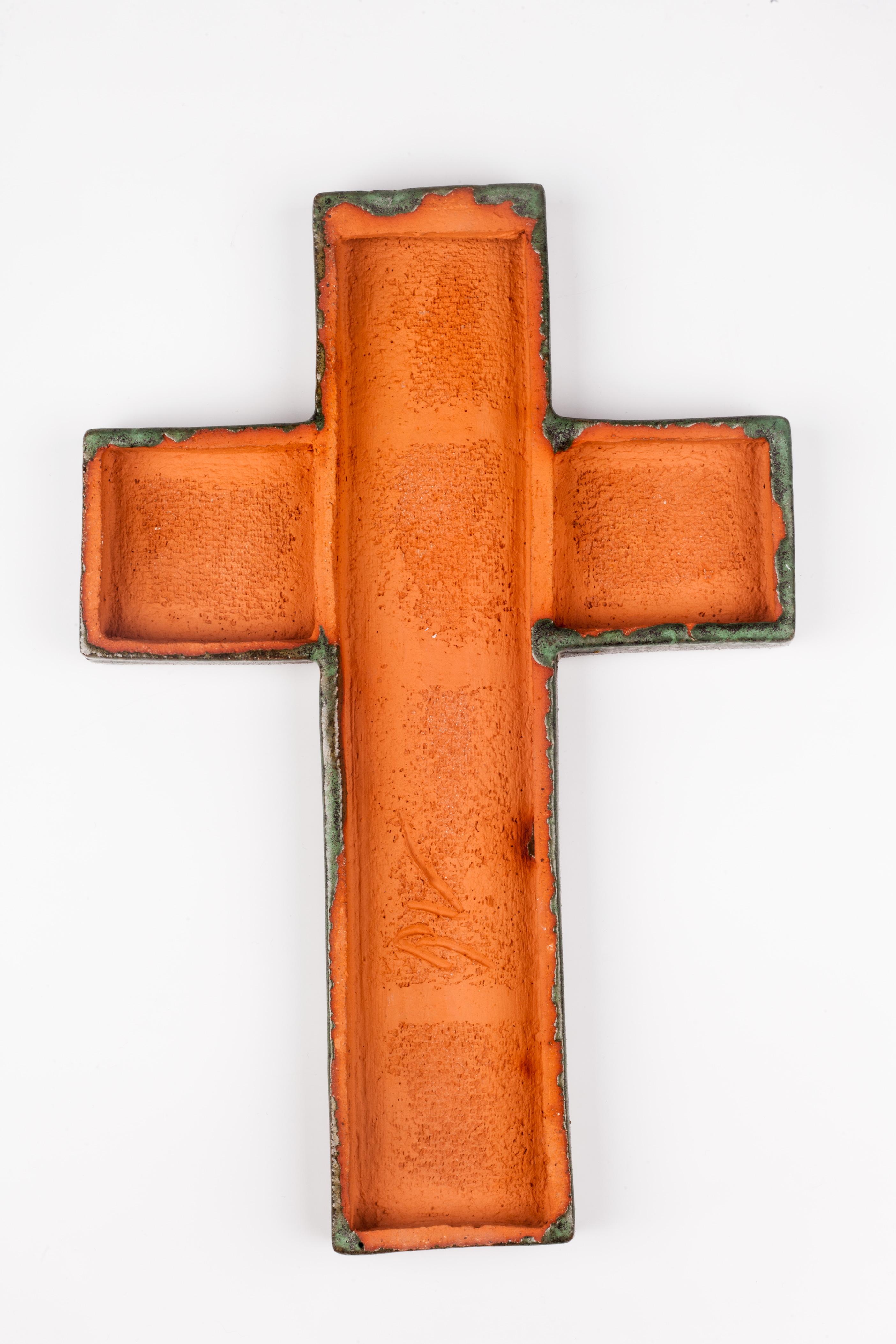 European Large Crucifix, Red, Green, Yellow Glazed Ceramic, Belgium, 1980s