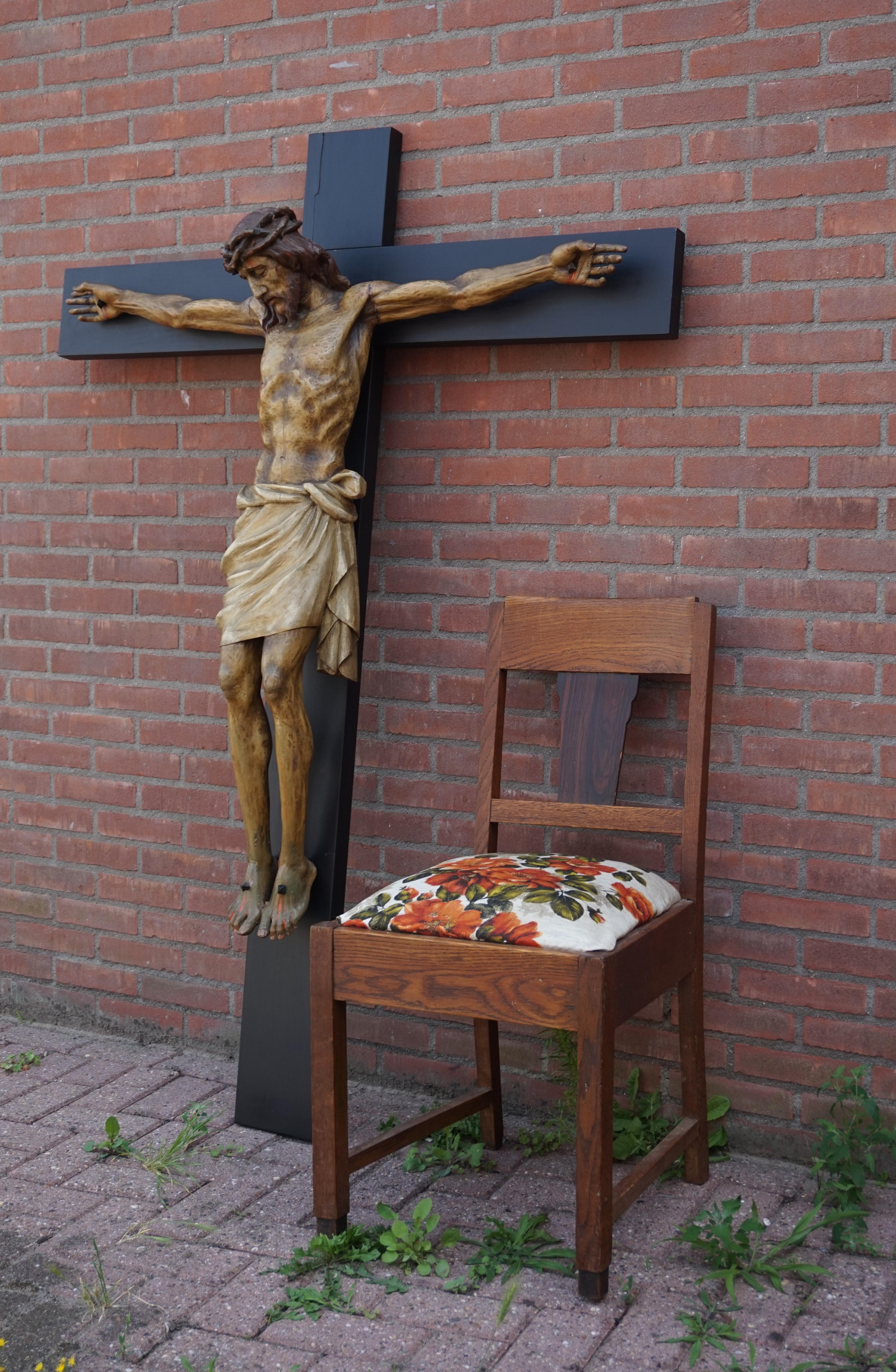 19th Century Large Crucifix with an Antique and Rare Size Hand Carved Wooden Corpus of Christ