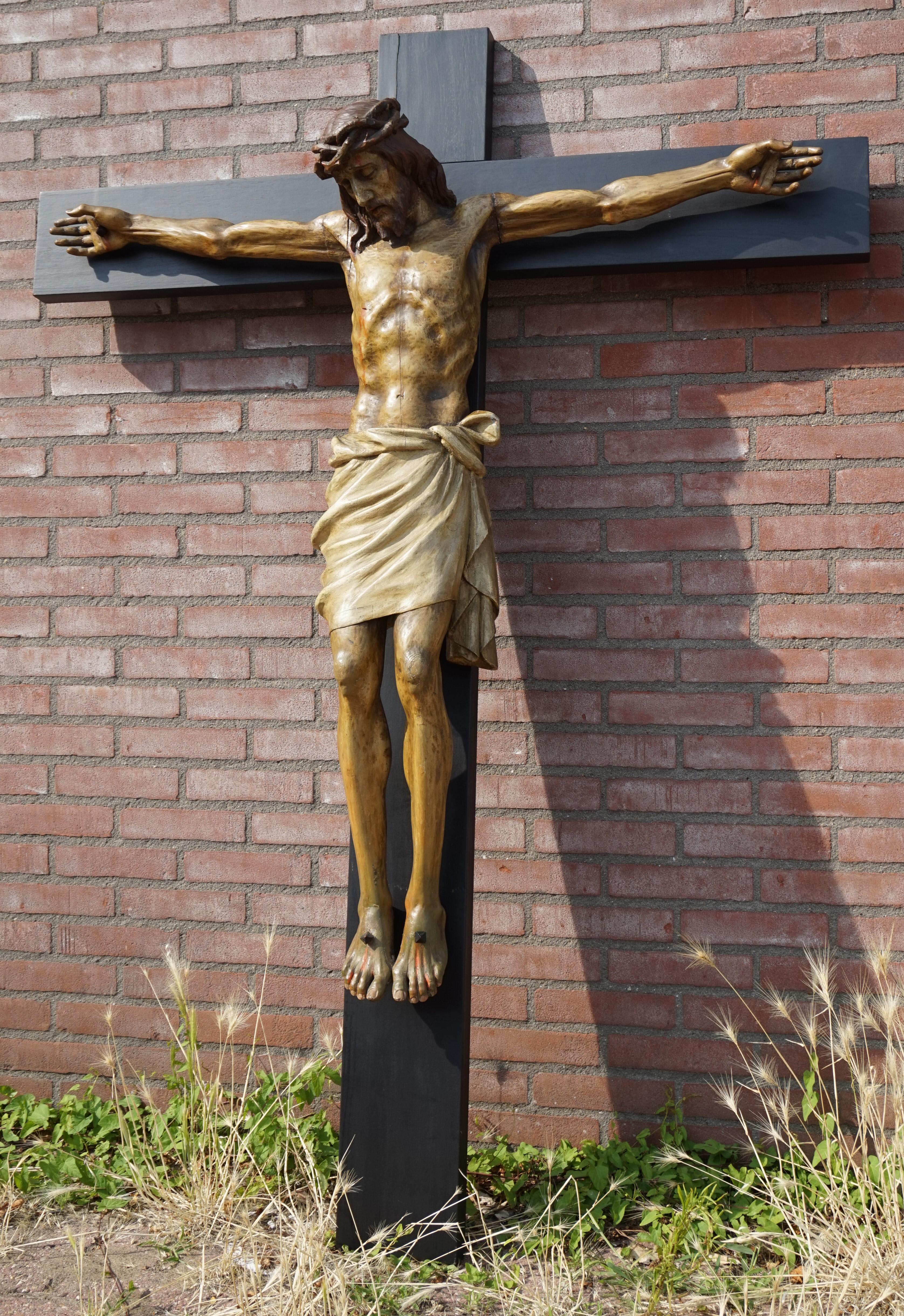 Large Crucifix with an Antique and Rare Size Hand Carved Wooden Corpus of Christ 1
