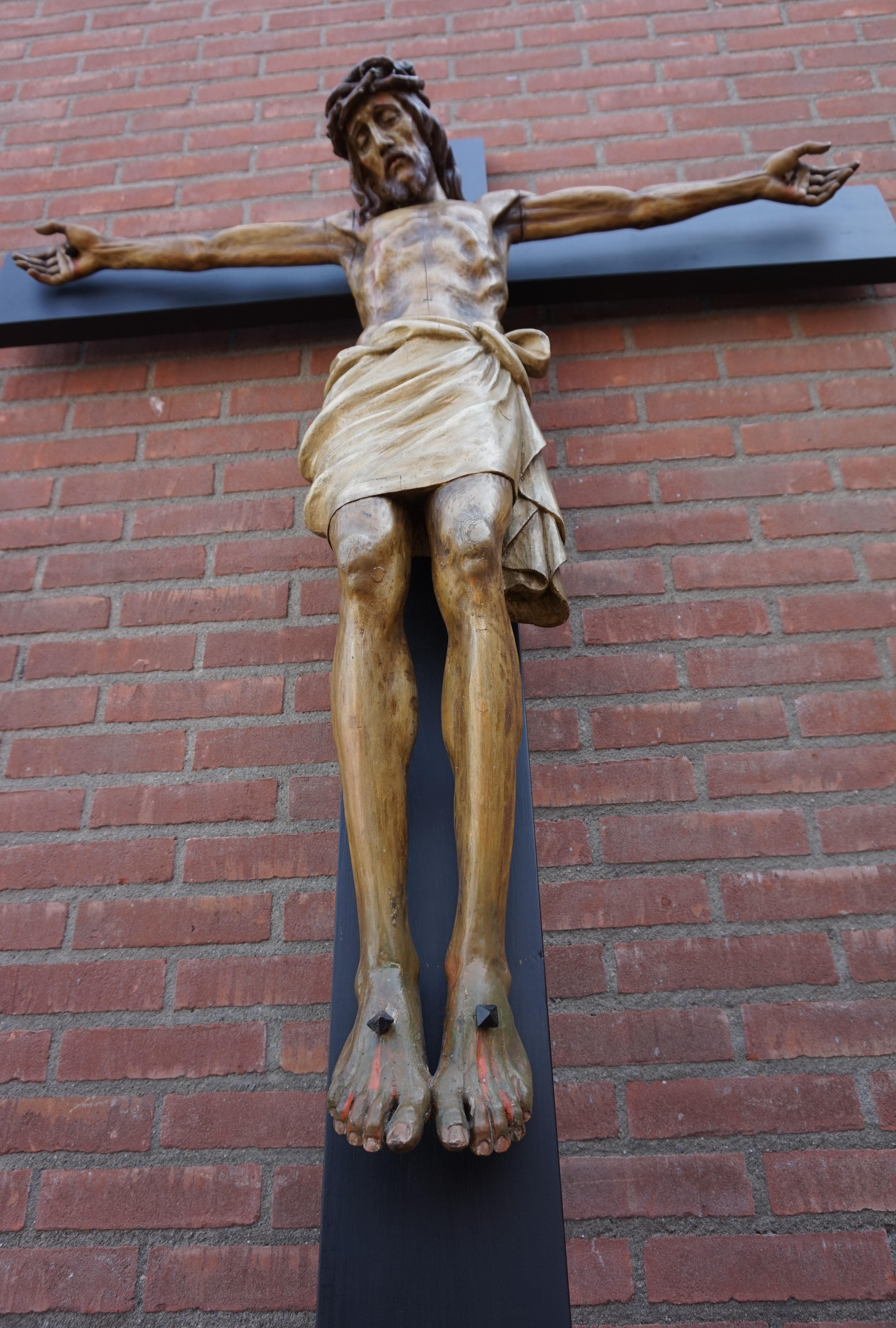Large Crucifix with an Antique and Rare Size Hand Carved Wooden Corpus of Christ 8