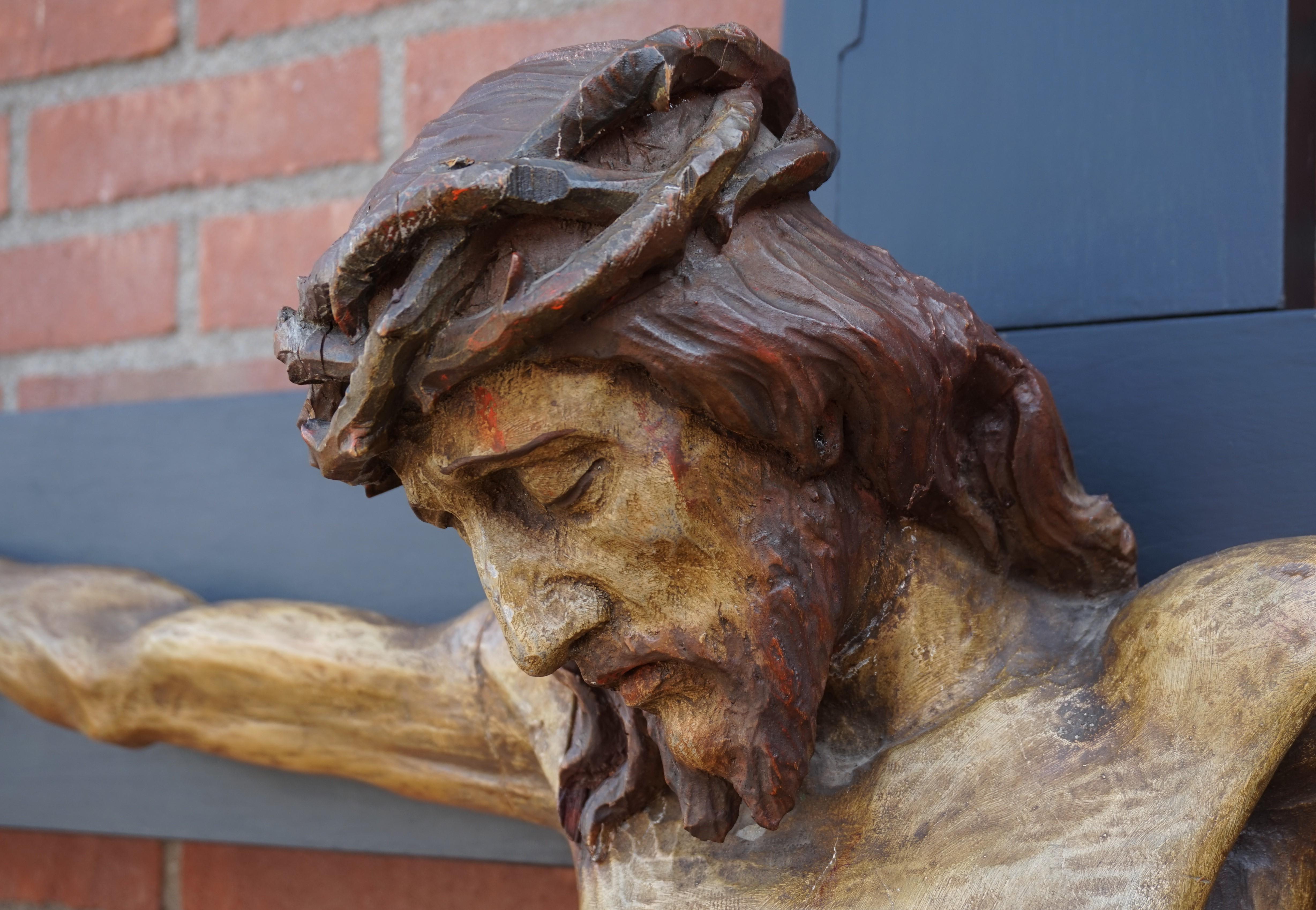 Hand-Carved Large Crucifix with an Antique and Rare Size Hand Carved Wooden Corpus of Christ