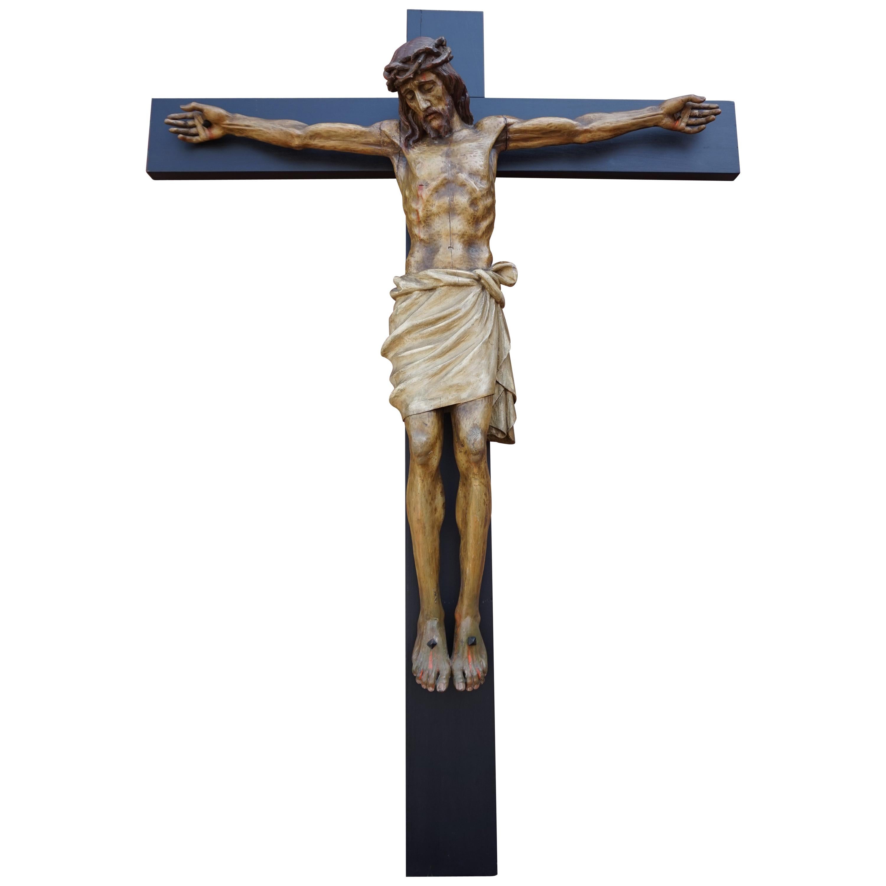 Large Crucifix with an Antique and Rare Size Hand Carved Wooden Corpus of Christ