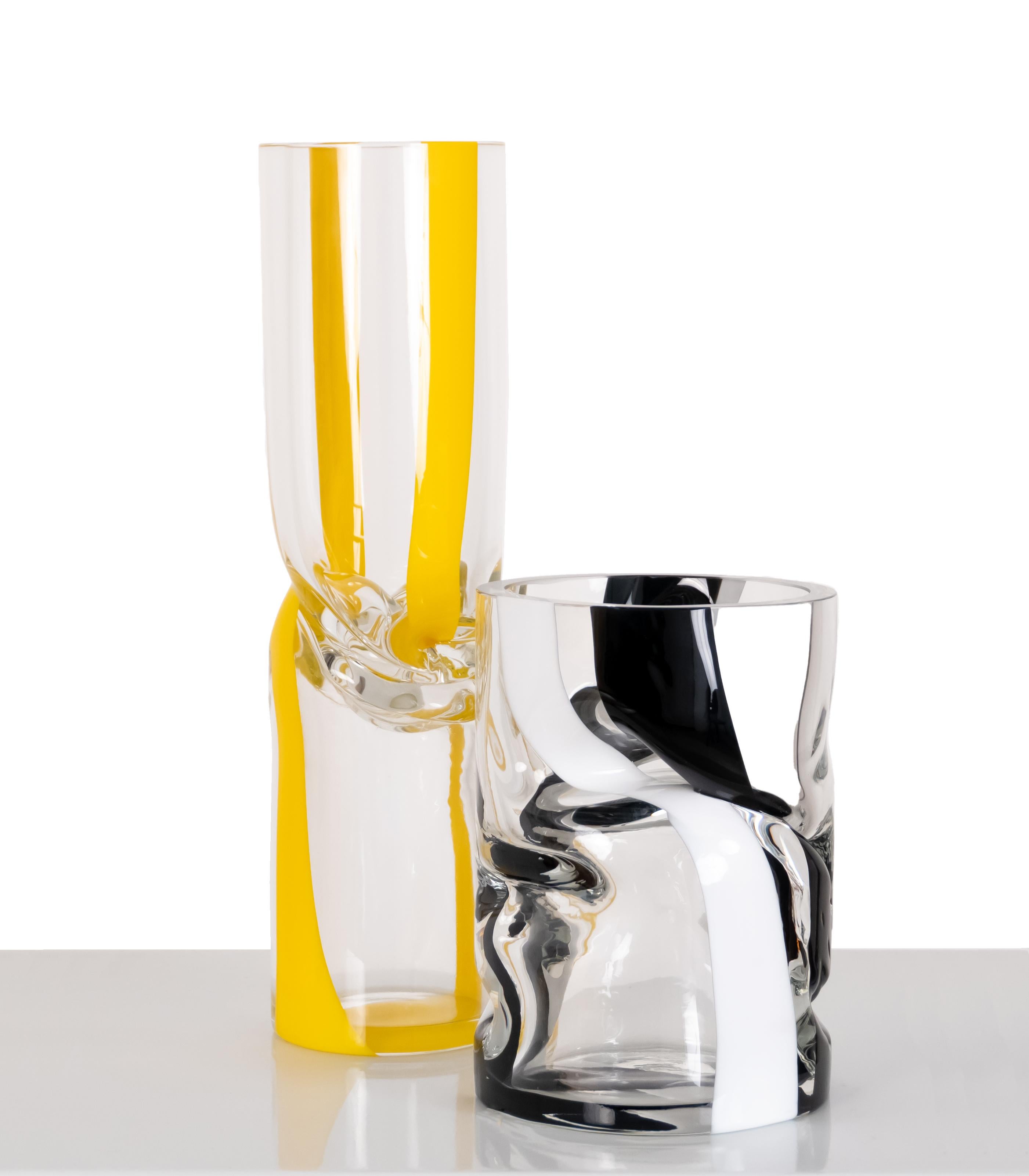 Modern Large Crushed Glass Vase: Black & White Hand Blown Glass by Avram Rusu Studio For Sale