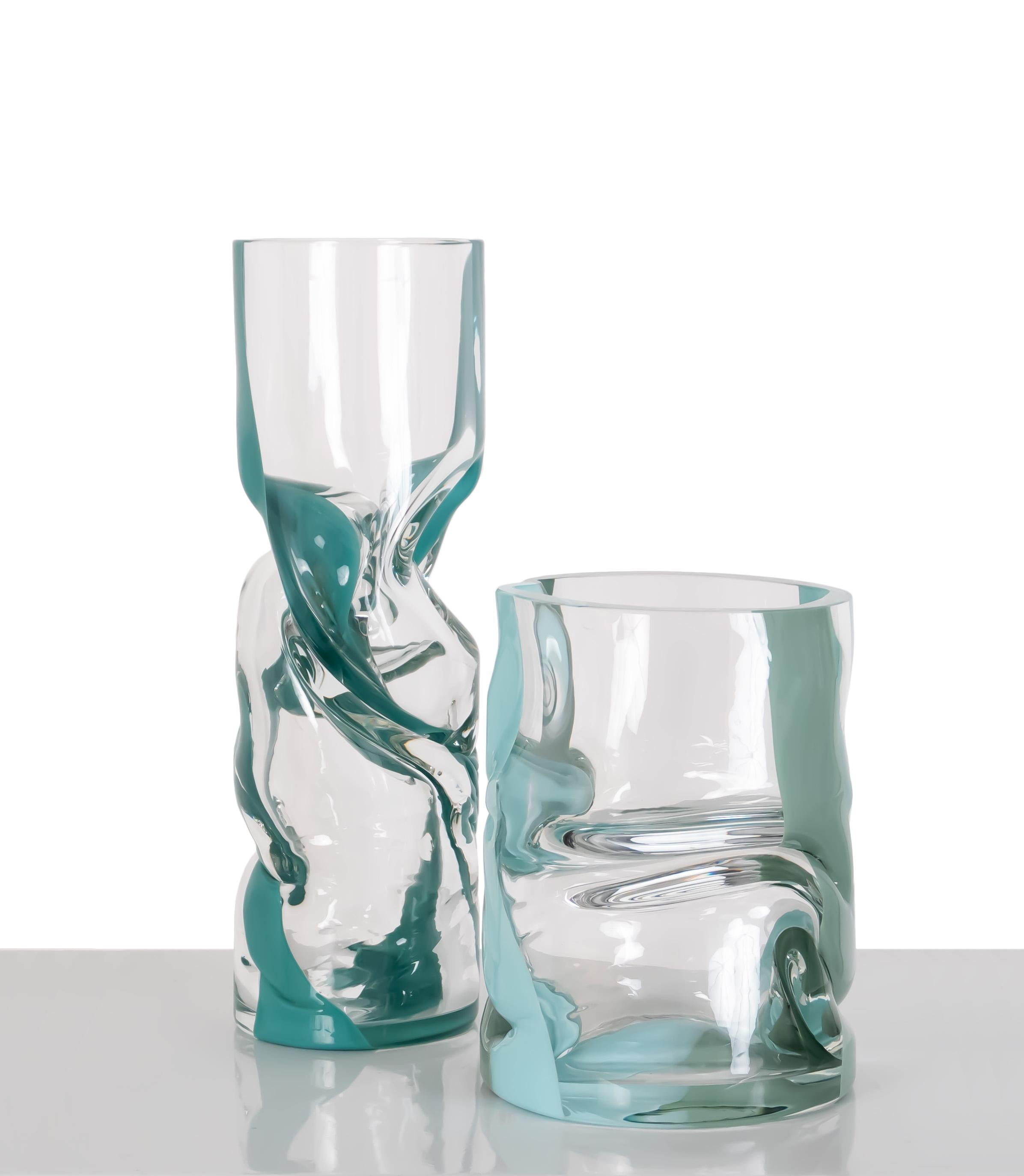 American Large Crushed Glass Vase: Black & White Hand Blown Glass by Avram Rusu Studio For Sale