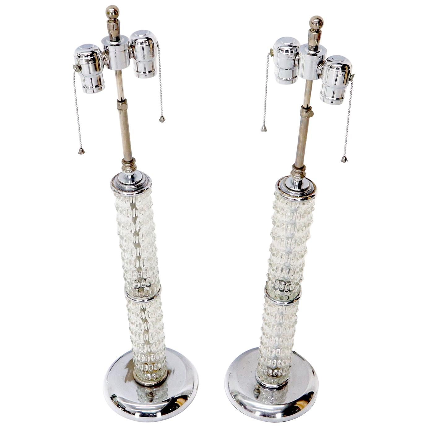 Large Crystal and Chrome Mid-Century Modern Table Lamps