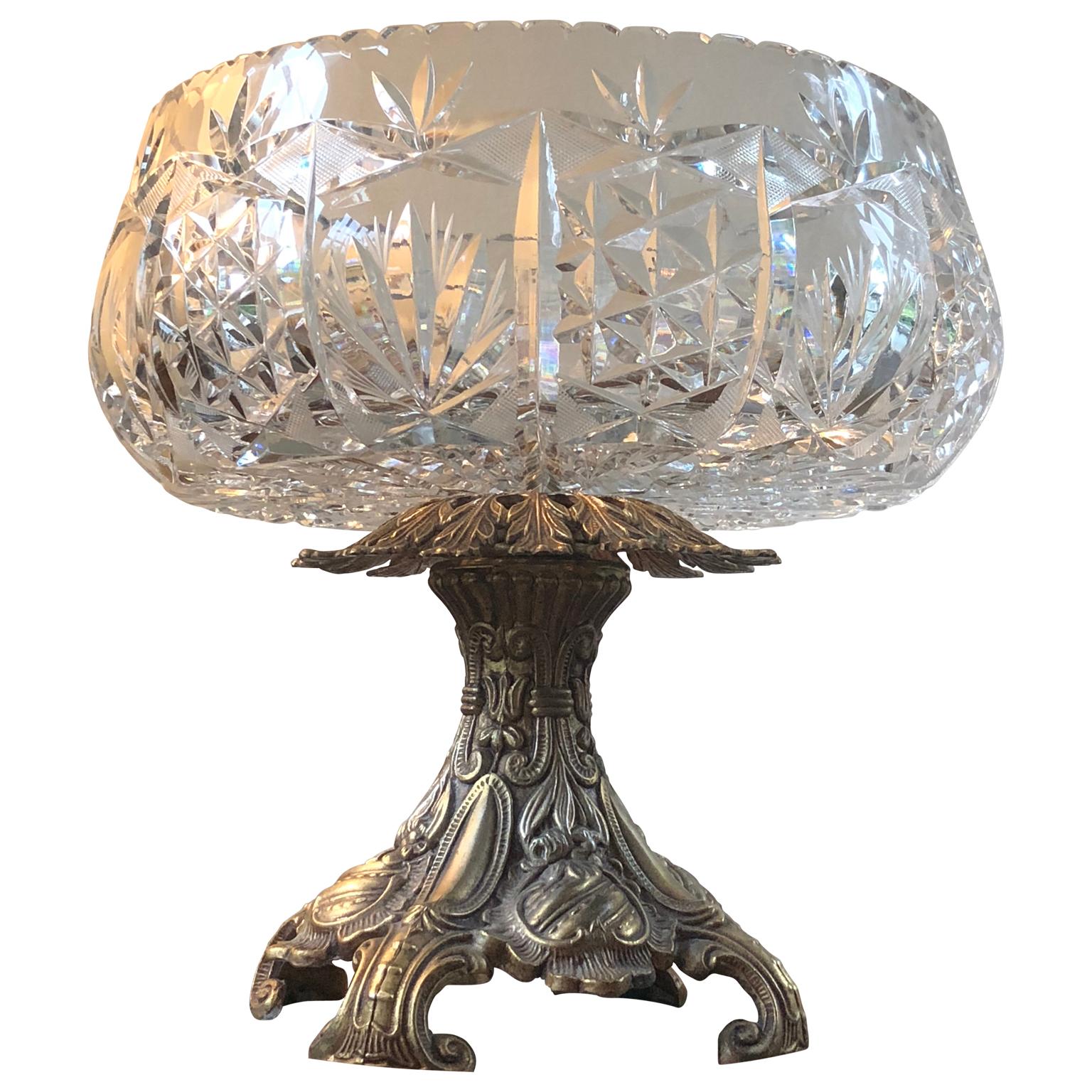 Victorian Large Crystal Centerbowl On Rococo-style Bronze Stand