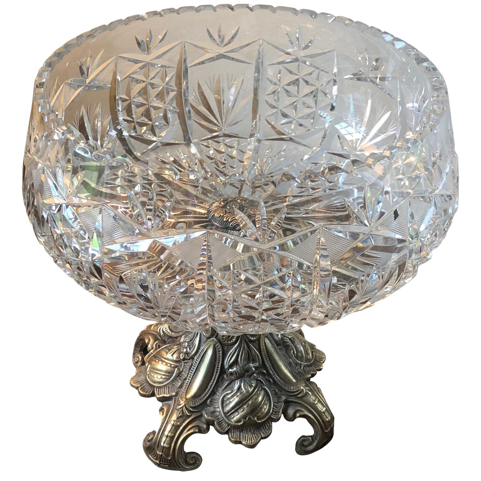 French Large Crystal Centerbowl On Rococo-style Bronze Stand