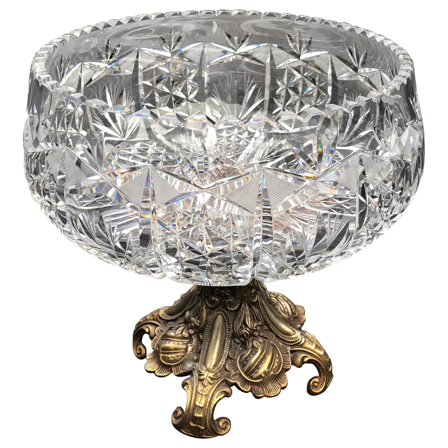 20th Century Large Crystal Centerbowl On Rococo-style Bronze Stand