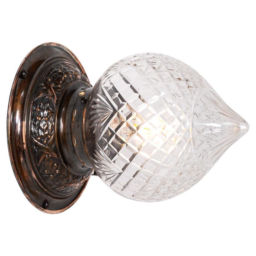 Large Crystal Cut Glass Acorn Flush to Ceiling Light with Aged Brass Fittings