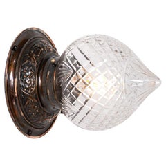 Antique Large Crystal Cut Glass Acorn Flush to Ceiling Light with Aged Brass Fittings