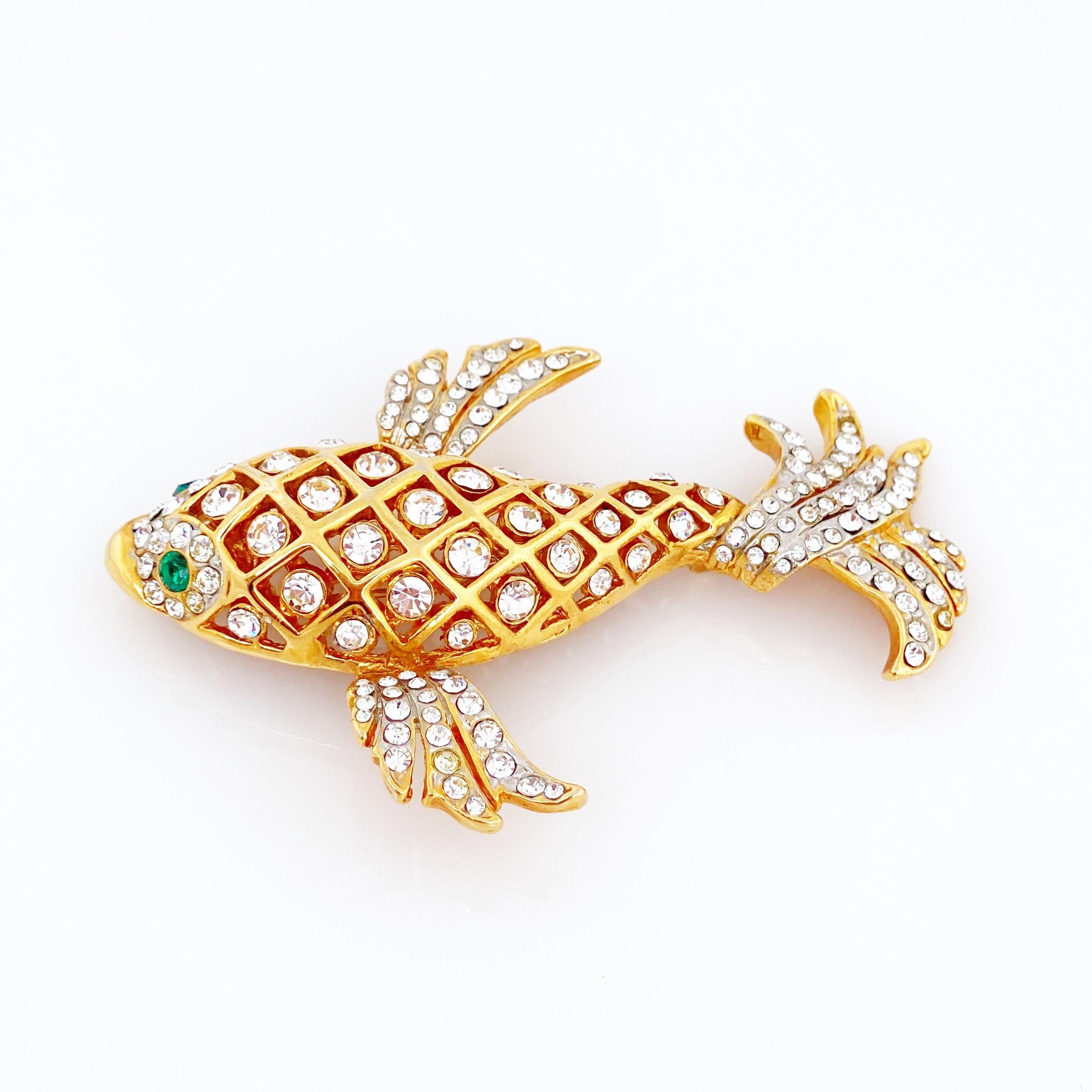 Large Crystal Encrusted Koi Fish Figural Brooch, 1980s In Good Condition In McKinney, TX
