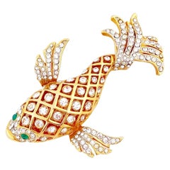 Large Crystal Encrusted Koi Fish Figural Brooch, 1980s