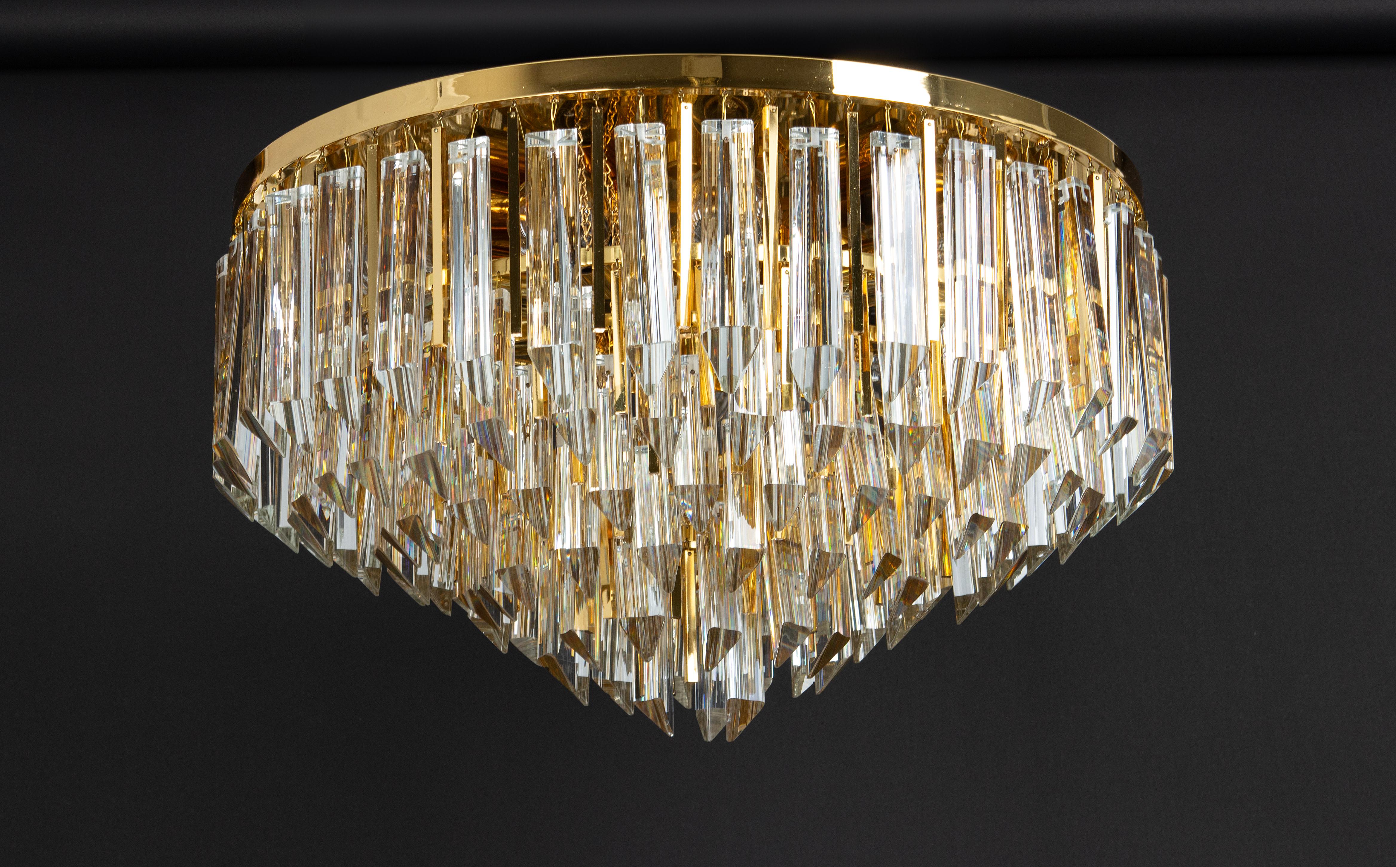 Large Crystal Glass and Brass Flush Mount, Designed by Palwa, Germany, 1970s For Sale 5