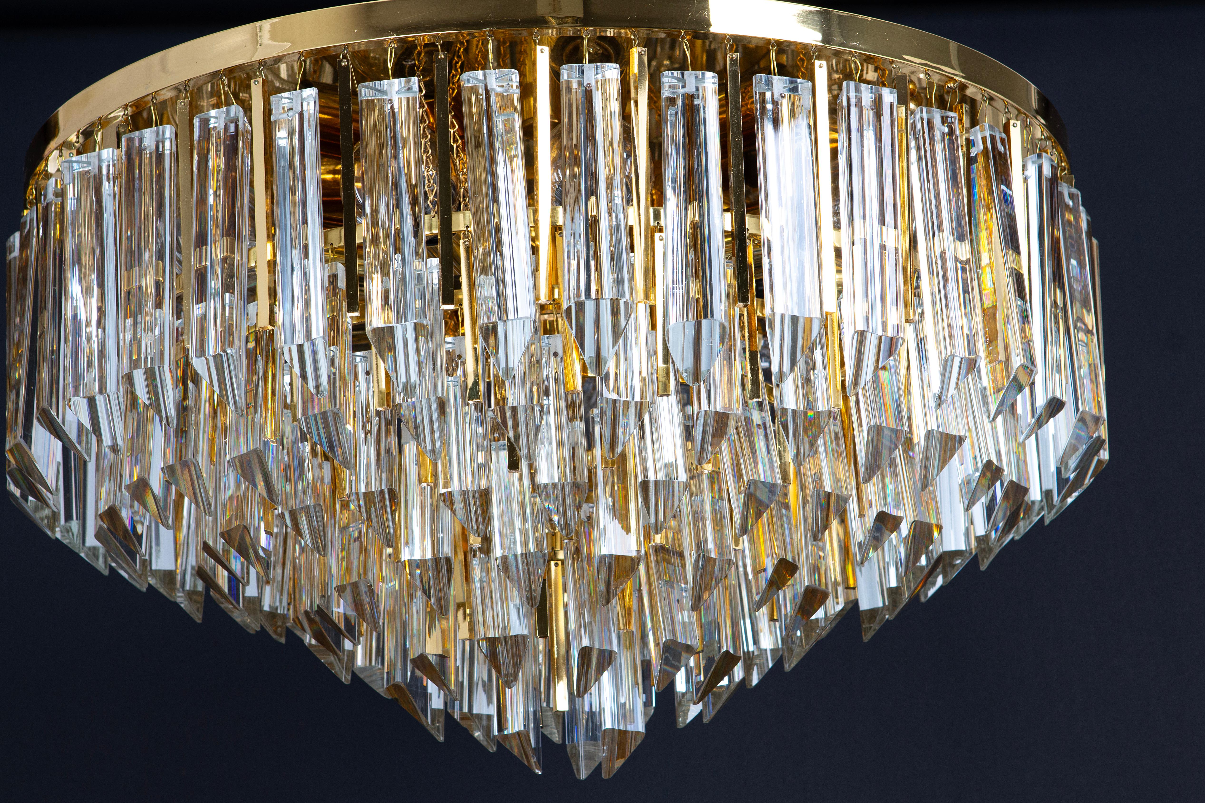 Large Crystal Glass and Brass Flush Mount, Designed by Palwa, Germany, 1970s For Sale 6