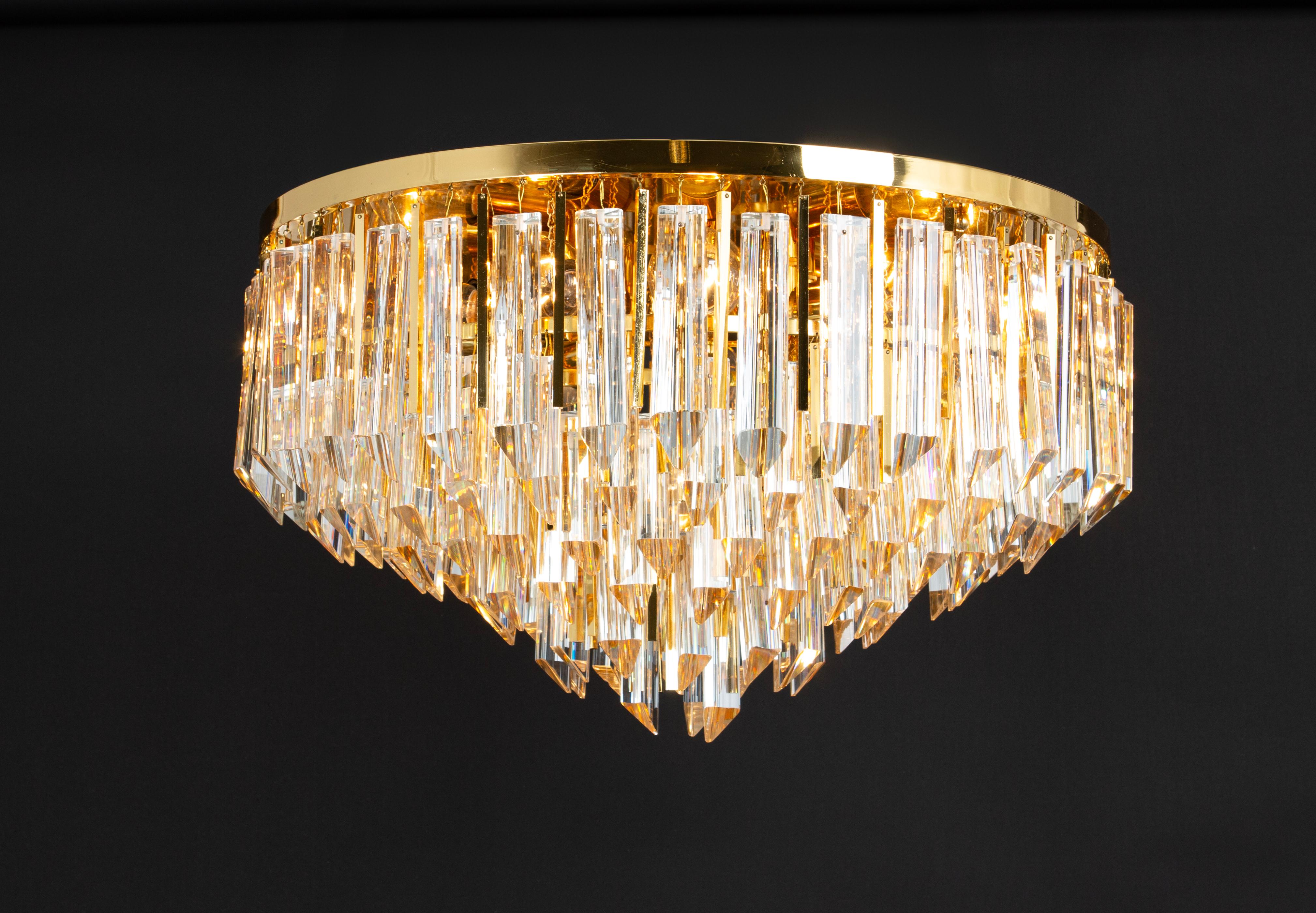 Large Crystal Glass and Brass Flush Mount, Designed by Palwa, Germany, 1970s For Sale 7