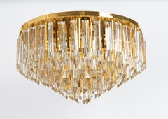 Large Crystal Glass and Brass Flush Mount, Designed by Palwa, Germany, 1970s