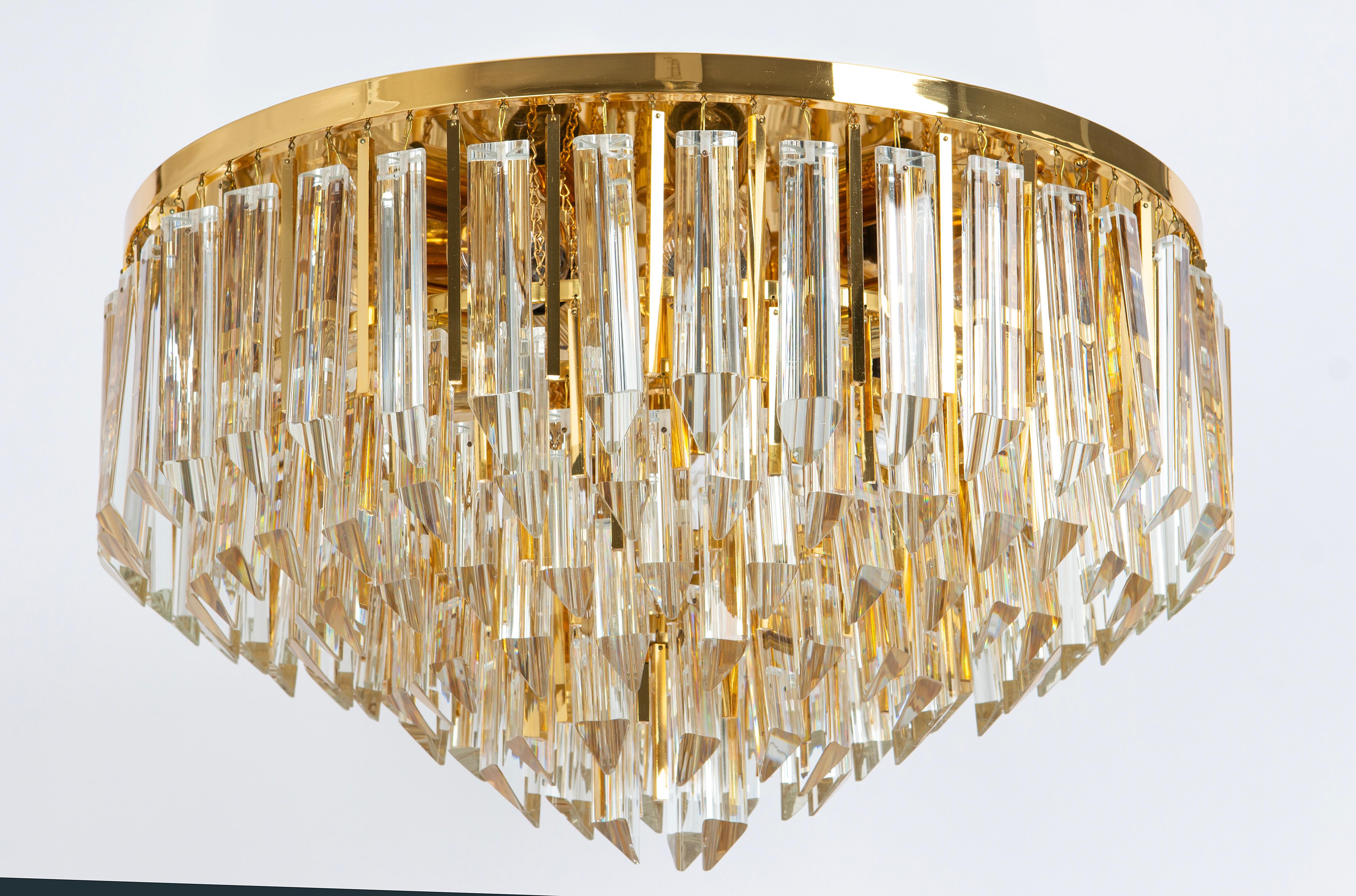 Mid-Century Modern Large Crystal Glass and Brass Flush Mount, Designed by Palwa, Germany, 1970s For Sale
