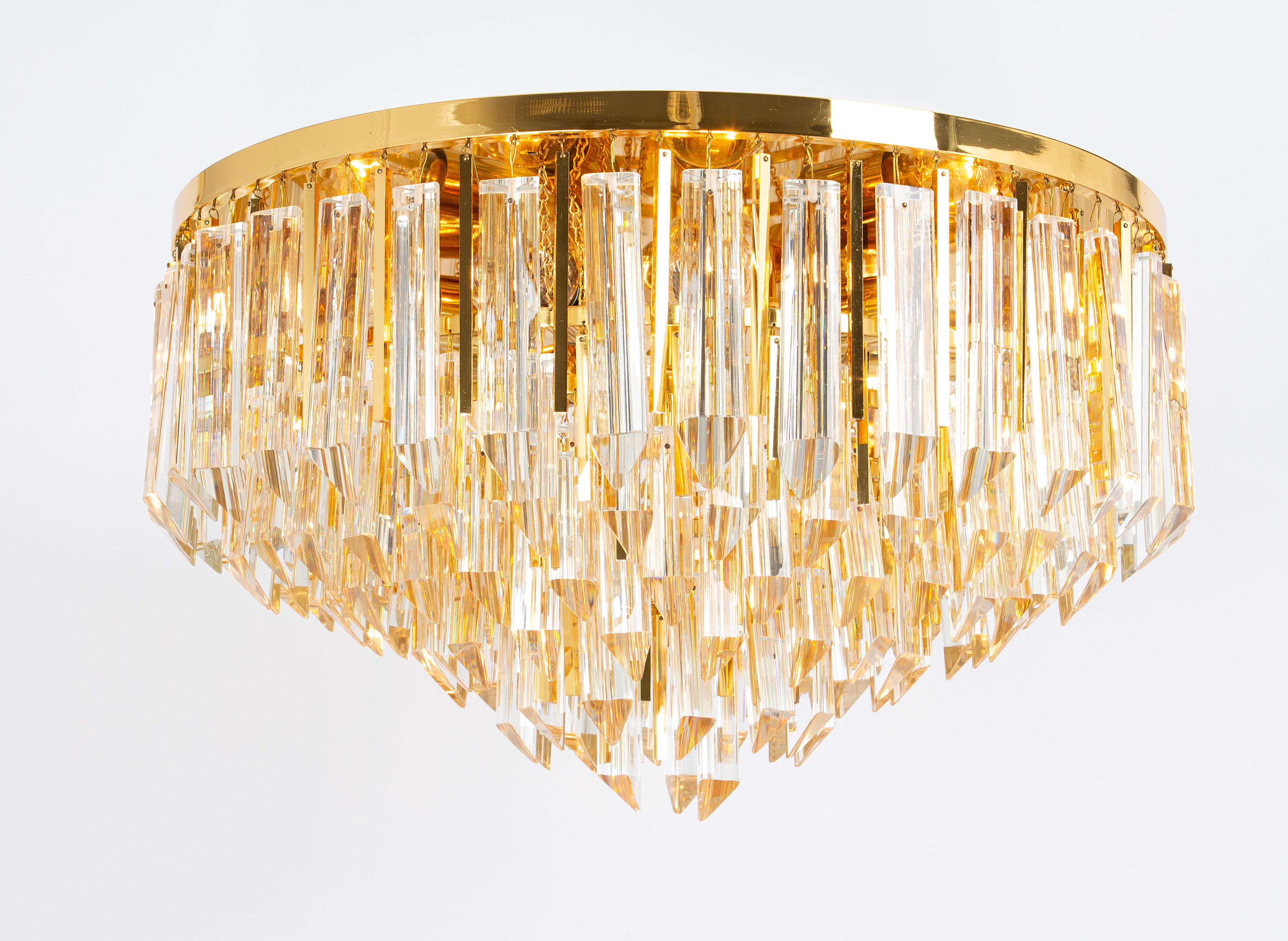 Large Crystal Glass and Brass Flush Mount, Designed by Palwa, Germany, 1970s In Good Condition For Sale In Aachen, NRW