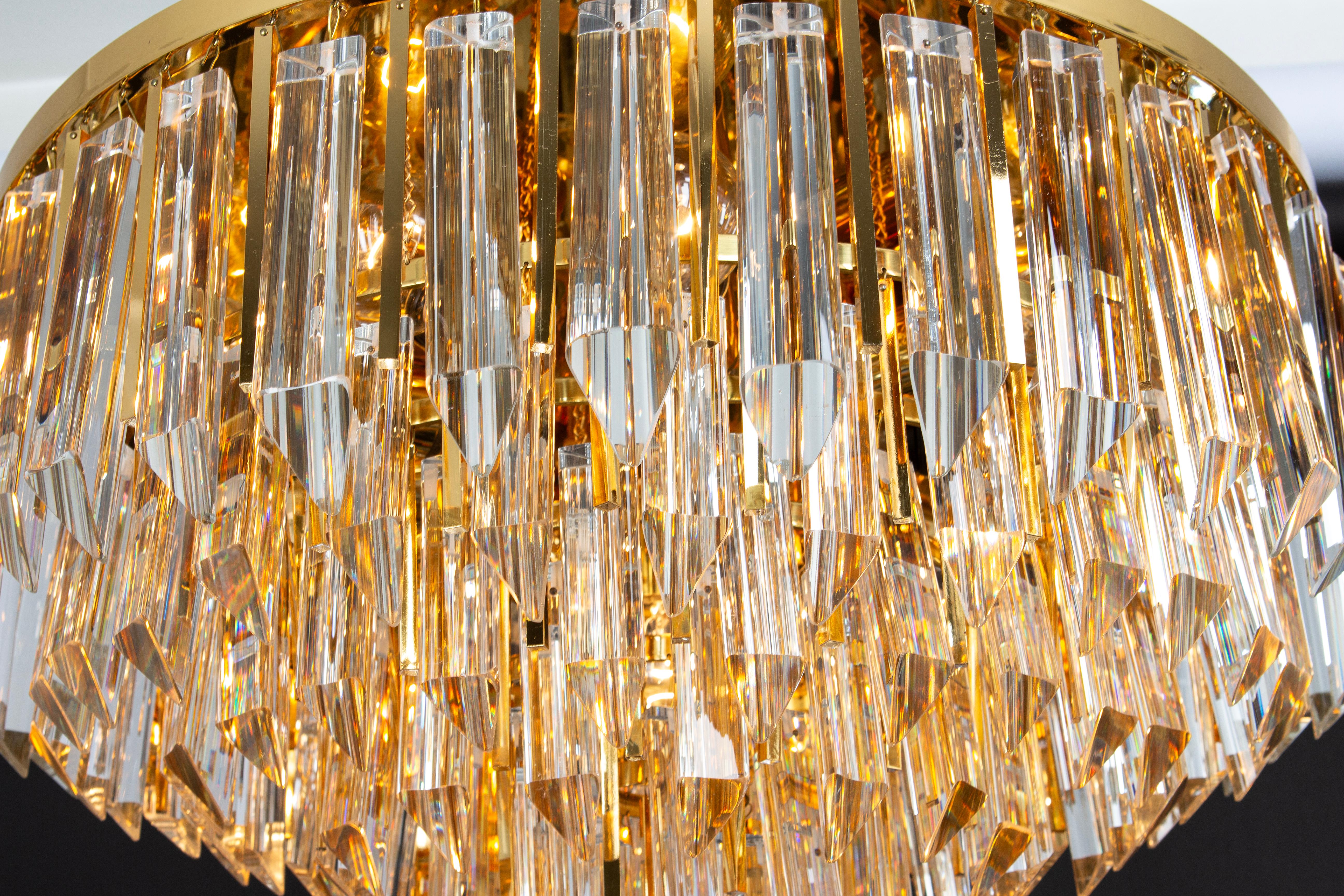 Late 20th Century Large Crystal Glass and Brass Flush Mount, Designed by Palwa, Germany, 1970s For Sale