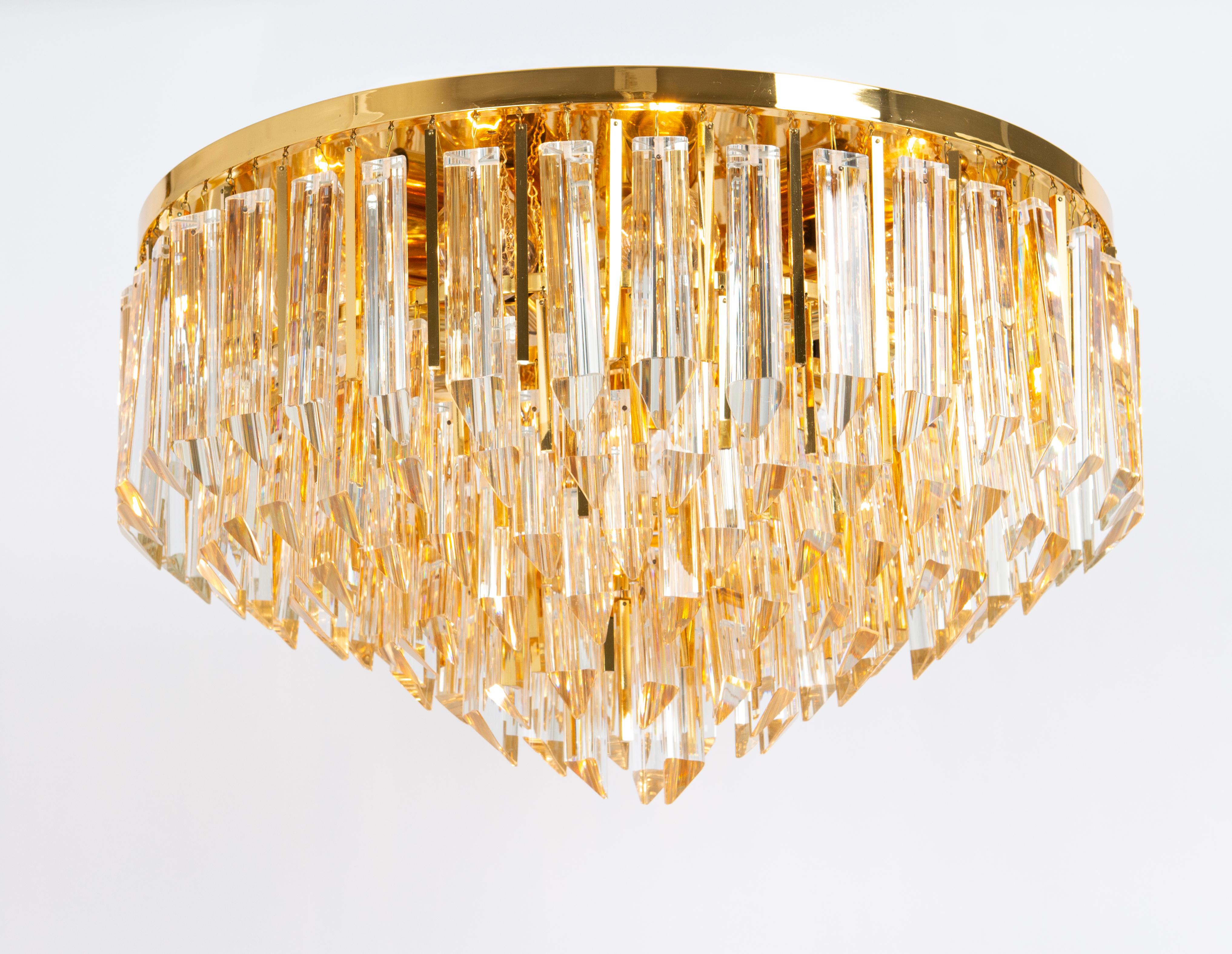 Large Crystal Glass and Brass Flush Mount, Designed by Palwa, Germany, 1970s For Sale 2