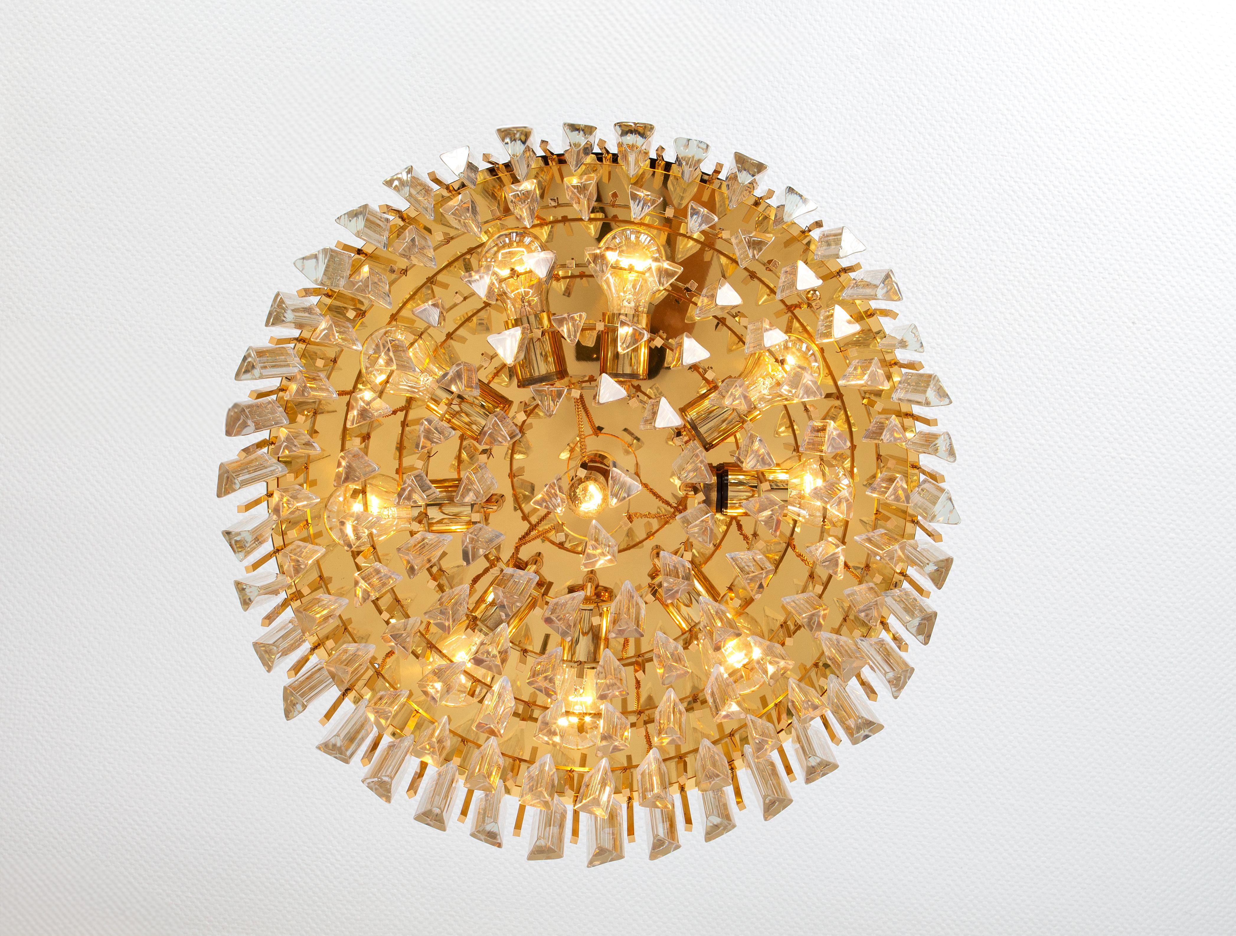 Large Crystal Glass and Brass Flush Mount, Designed by Palwa, Germany, 1970s For Sale 3