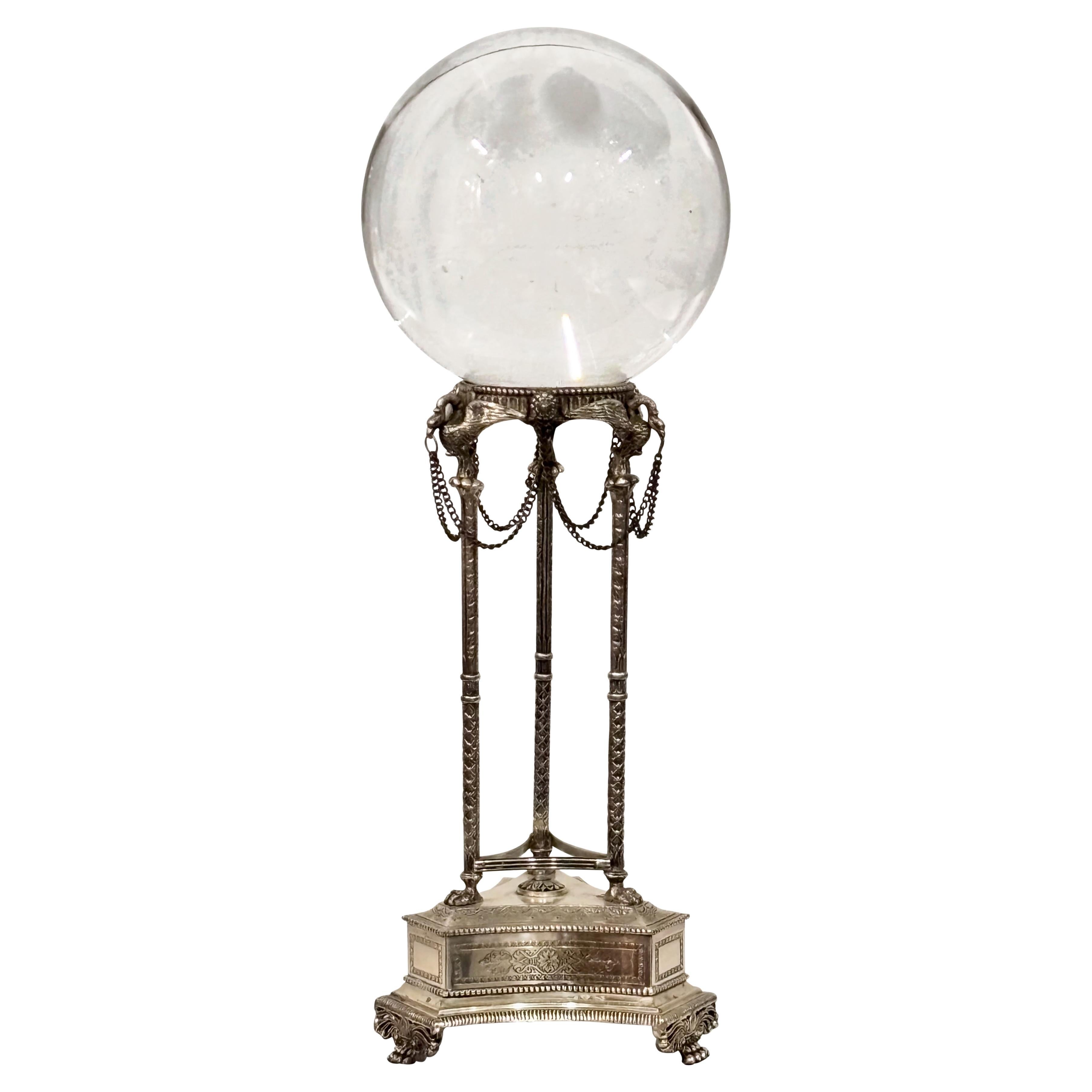 Large Crystal Glass Ball on Empire Style Silver Plate Tripod Stand For Sale
